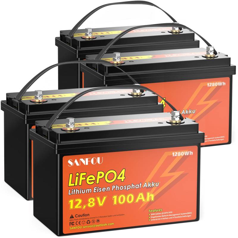 SANFOU 12,8V 100Ah LiFePO4 Batterie Pack 4, 5120Wh Lithium Akku, 5000-15000 Mal Deep Cycle Batterien, perfekt als Stromquelle für Wohnmobile Camping von SANFOU