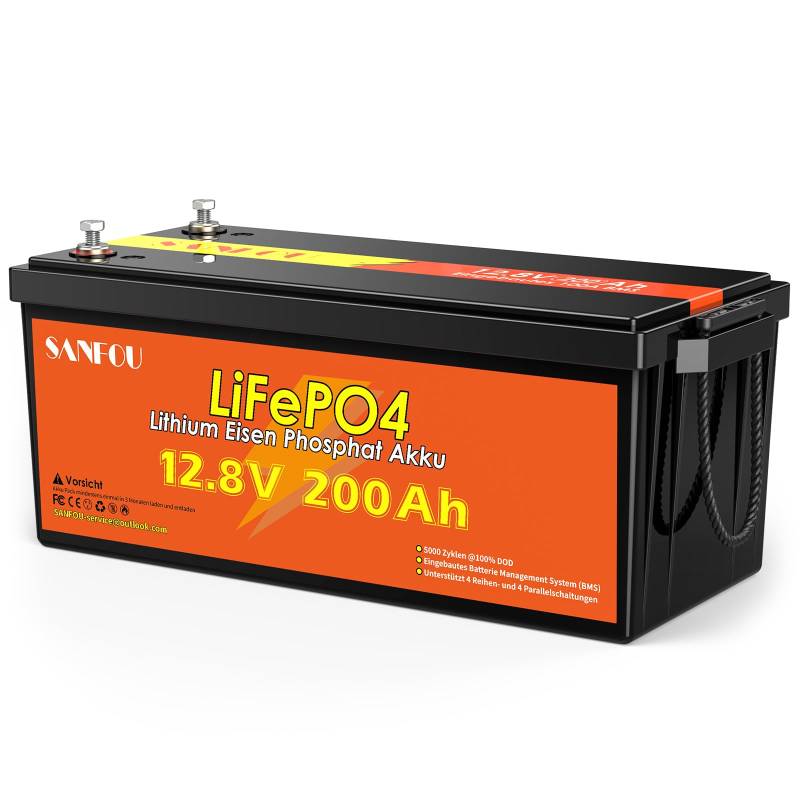 SANFOU 12,8V 200Ah LiFePO4 Batterie, 2560Wh Lithium Akku mit 100A BMS, 5000-15000 Mal Deep Cycle Batterien, Unterstützung 4S4P, perfekt als Stromquelle für Wohnmobile Camping von SANFOU