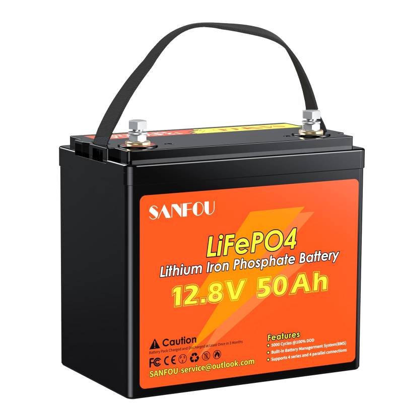 SANFOU 12,8V 50Ah LiFePO4 Batterie, 640Wh Lithium Akku mit 50A BMS, 5000-15000 Mal Deep Cycle Batterien, Unterstützung 4S4P, perfekt als Stromquelle für Wohnmobile Camping von SANFOU