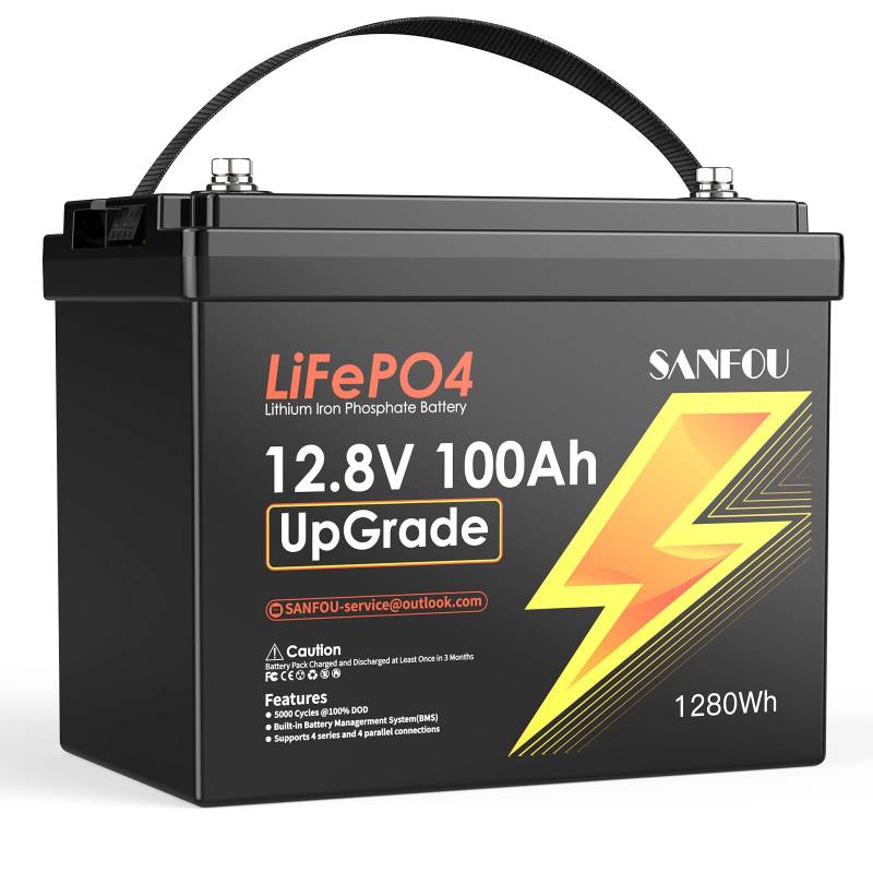 SANFOU 12,8V100Ah UpGrade LiFePO4 Batterie, 1280Wh Lithium Akku mit 100A BMS, 5000-15000 Mal Deep Cycle Batterien, Unterstützung 4S4P, perfekt als Stromquelle für Wohnmobile Camping von SANFOU