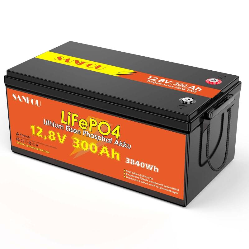 SANFOU 12,8V300Ah LiFePO4 Batterie, 3840Wh Lithium Akku mit 200A BMS, 5000-15000 Mal Deep Cycle Batterien, Unterstützung 4S4P, perfekt als Stromquelle für Wohnmobile Camping… von SANFOU