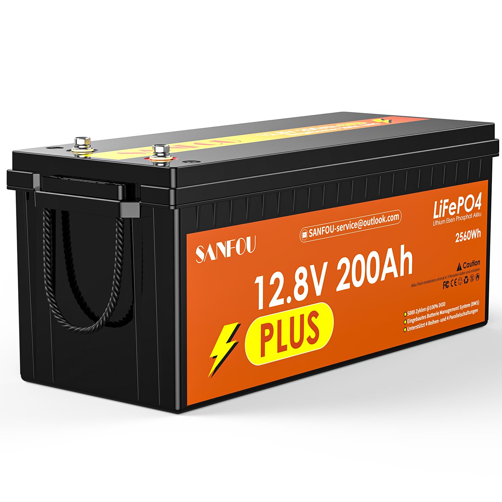 SANFOU 12.8V 200Ah Plus LiFePO4 Batterie, 2560Wh Lithium Akku mit 200A BMS, 5000-15000 Mal Deep Cycle Batterien, Unterstützung 4S4P, perfekt als Stromquelle für Wohnmobile Camping von SANFOU