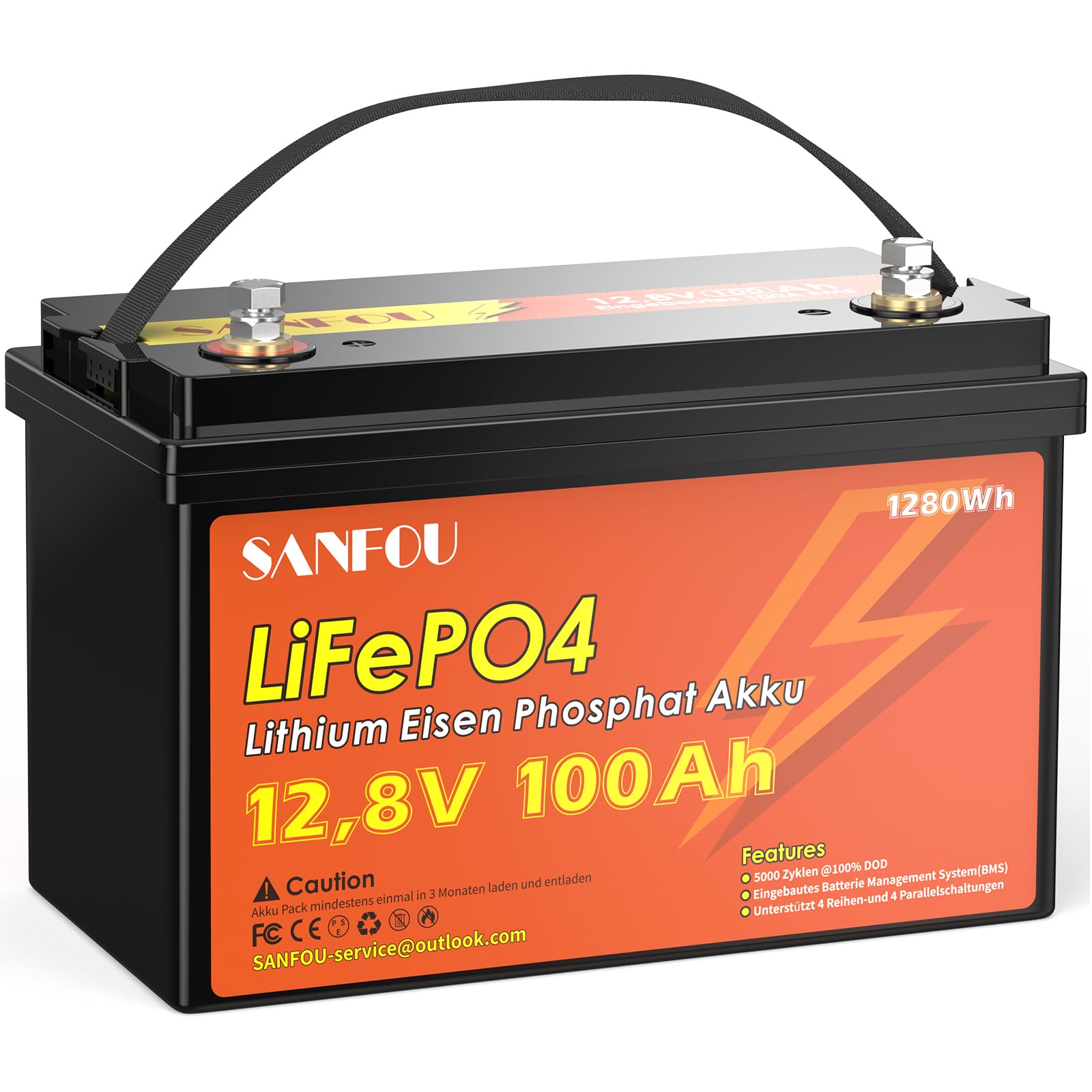 SANFOU 12V 100Ah LiFePO4 Batterie, 1280Wh Lithium Akku mit 100A BMS, 5000-15000 Mal Autobatterien, Unterstützung 4S4P, perfekt als Stromquelle für Wohnmobile Camping von SANFOU