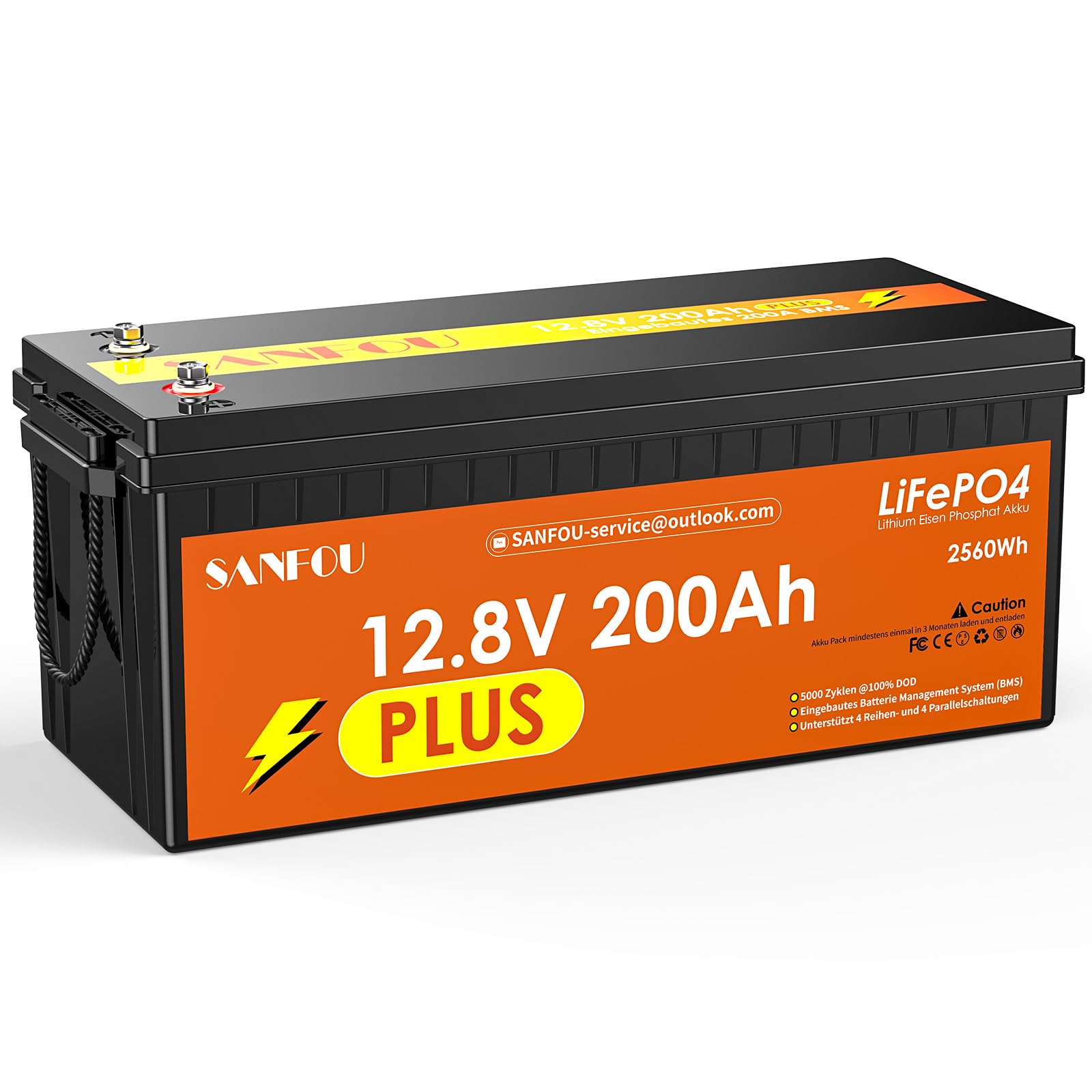 SANFOU 12V 200Ah Plus LiFePO4 Batterie, 2560Wh Lithium Akku mit 200A BMS, 5000-15000 Mal Deep Cycle Batterien, Unterstützung 4S4P, perfekt als Stromquelle für Wohnmobile Camping von SANFOU