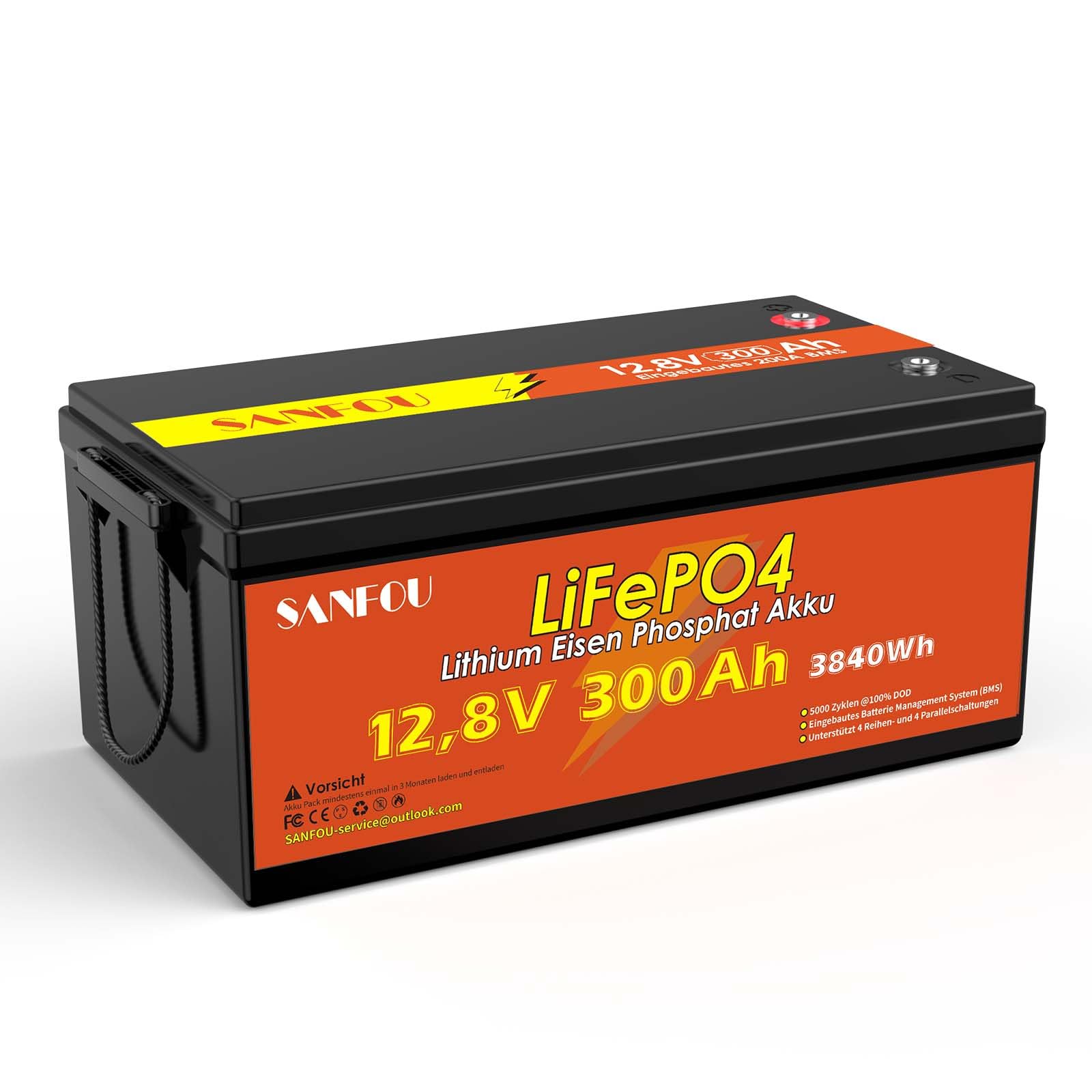 SANFOU 12V 300 Ah LiFePO4 Batterie, 3840Wh Lithium Akku mit 200A BMS, 5000-15000 Mal Deep Cycle Batterien, Unterstützung 4S4P, perfekt als Stromquelle für Wohnmobile Camping von SANFOU