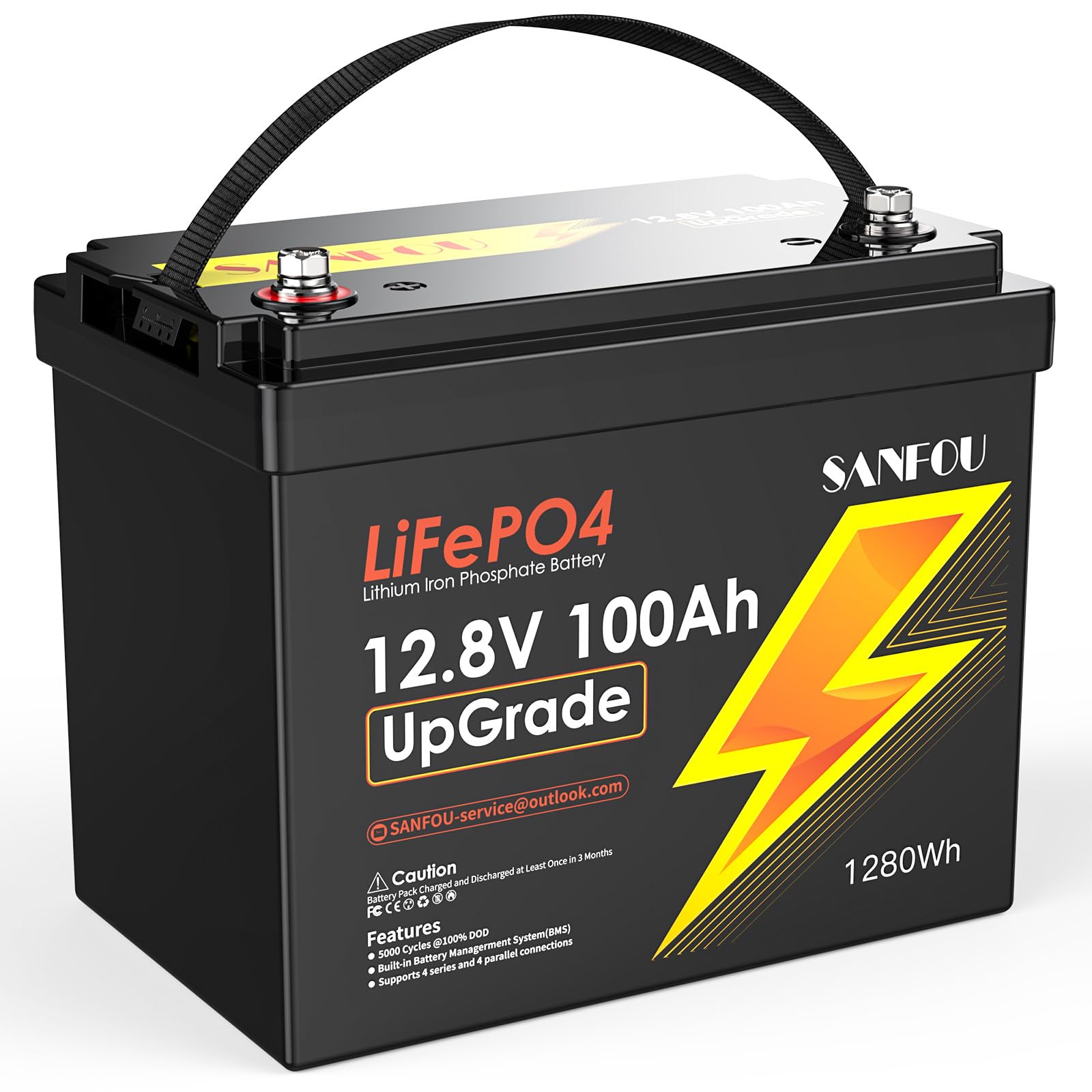 SANFOU 12V100 Ah UpGrade LiFePO4 Batterie, 1280Wh Lithium Akku mit 100A BMS, 5000-15000 Mal Autobatterien, Unterstützung 4S4P, perfekt als Stromquelle für Wohnmobile Camping von SANFOU