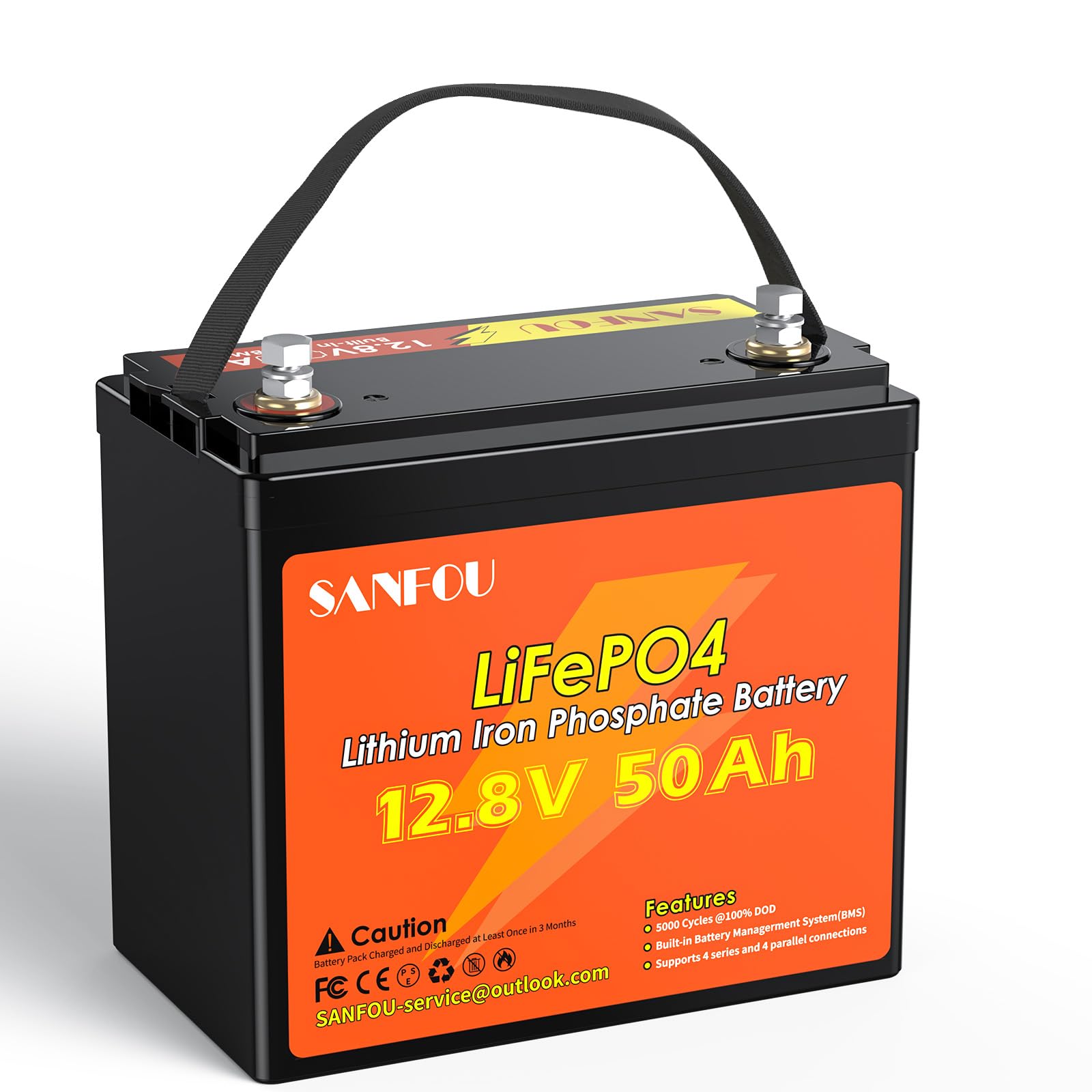 SANFOU 12V50Ah LiFePO4 Battery, 640Wh Lithium Battery with 50A BMS, 5000-15000 Times Autobatterien, Support 4S4P, Perfect as a Power Source for Motorhomes Camping von SANFOU