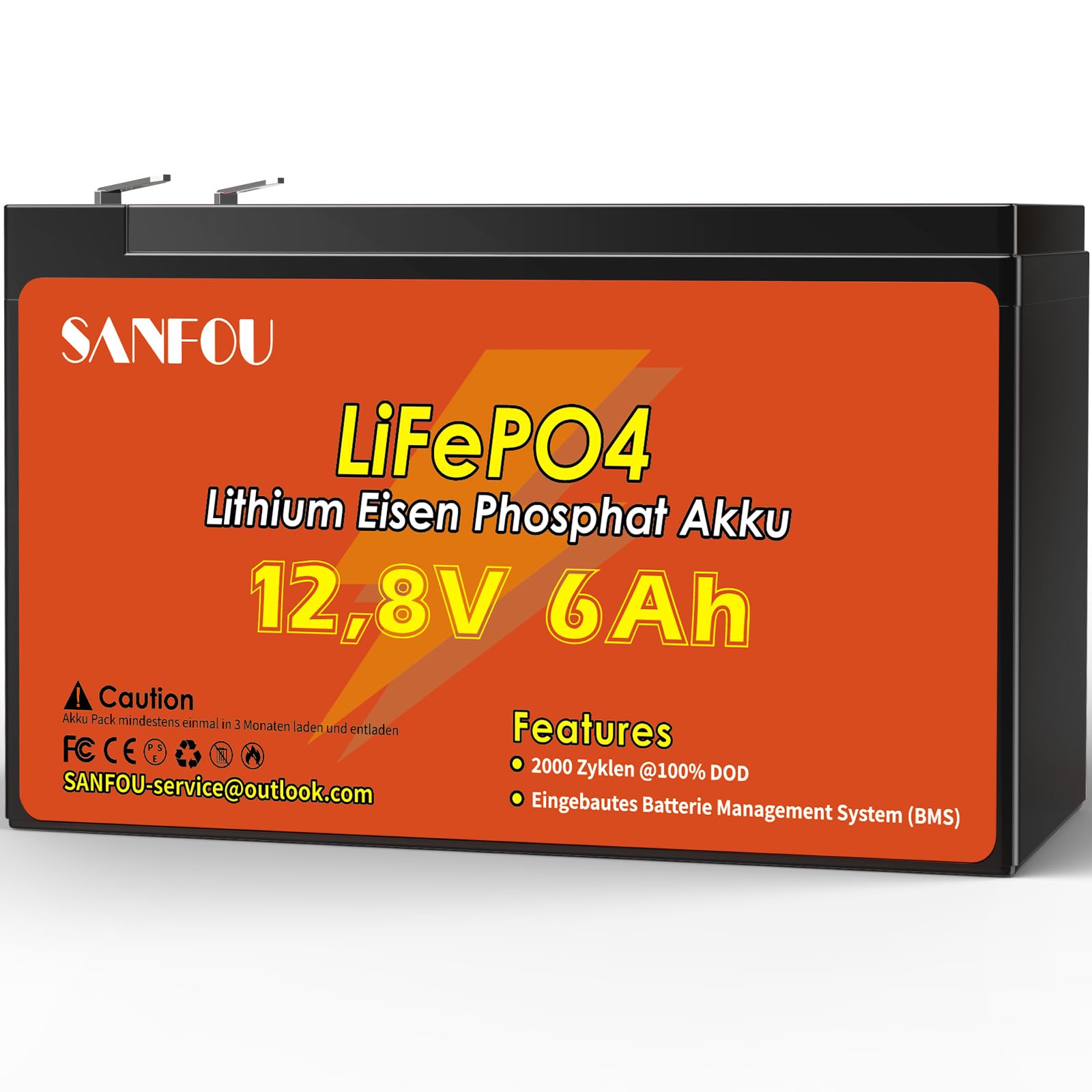 SANFOU 12V6Ah LiFePO4 Batterie, Lithium Akku mit BMS, Deep Cycle Batterien, Unterstützung 4S4P, perfekt als Stromquelle für Wohnmobile Camping von SANFOU