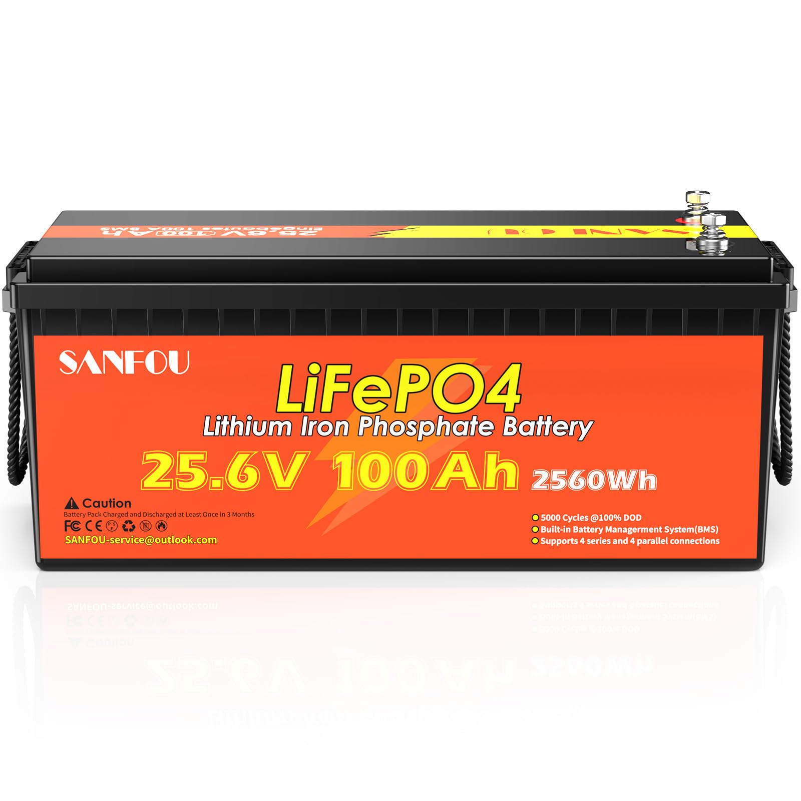 SANFOU 24V 100Ah LiFePO4 Batterie, Lithium Batterie Built-in 100A BMS, 2560Wh Deep Cycle Power, Autobatterien 5000+ Zyklen Akku für Wohnmobil, Wohnwagen, Anhänger und Solar Off-Grid System von SANFOU