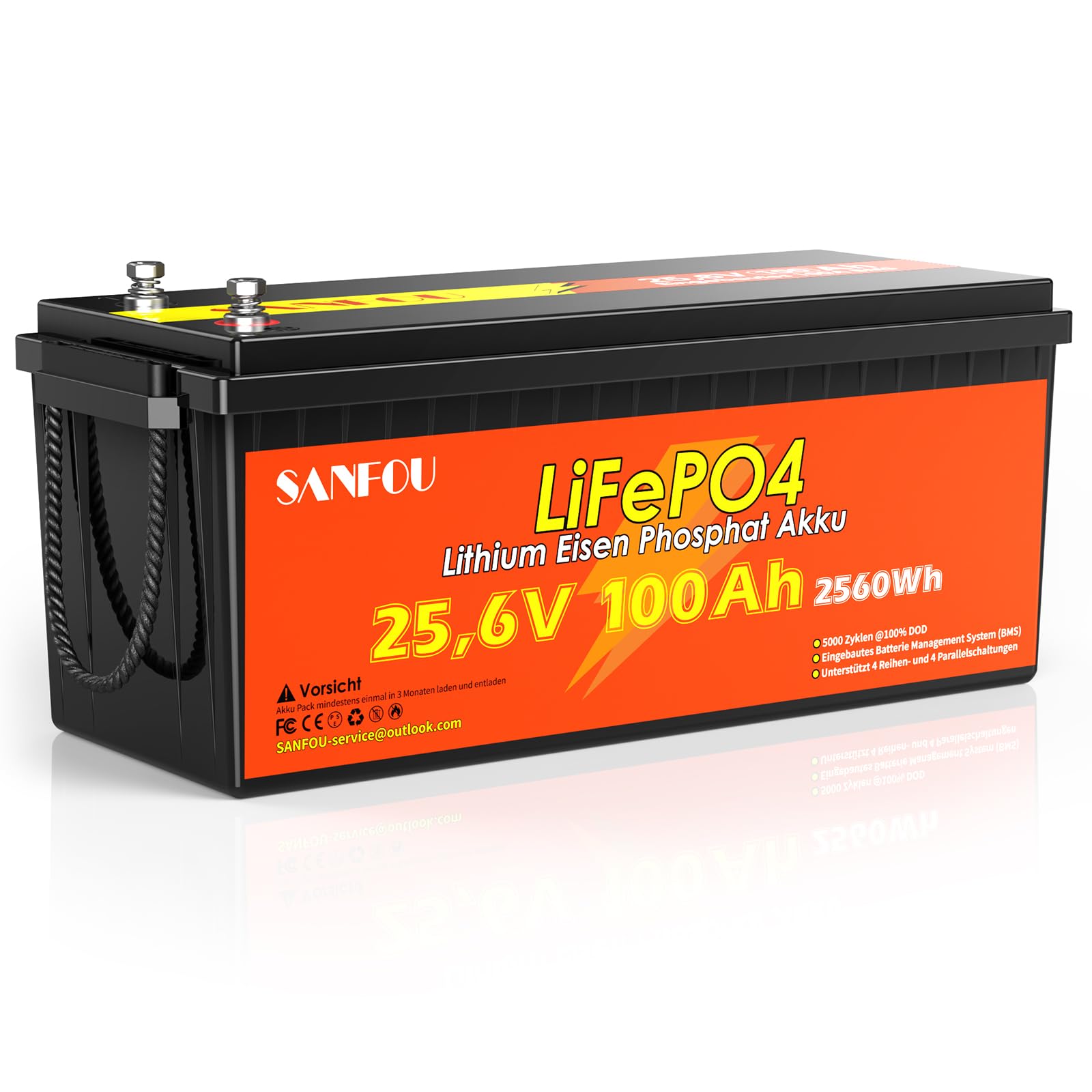 SANFOU 25.6V 100Ah LiFePO4 Batterie, Lithium Batterie Built-in 100A BMS, 2560Wh Deep Cycle Power, 5000+ Zyklen Akku für Wohnmobil, Wohnwagen, Anhänger und Solar Off-Grid System von SANFOU