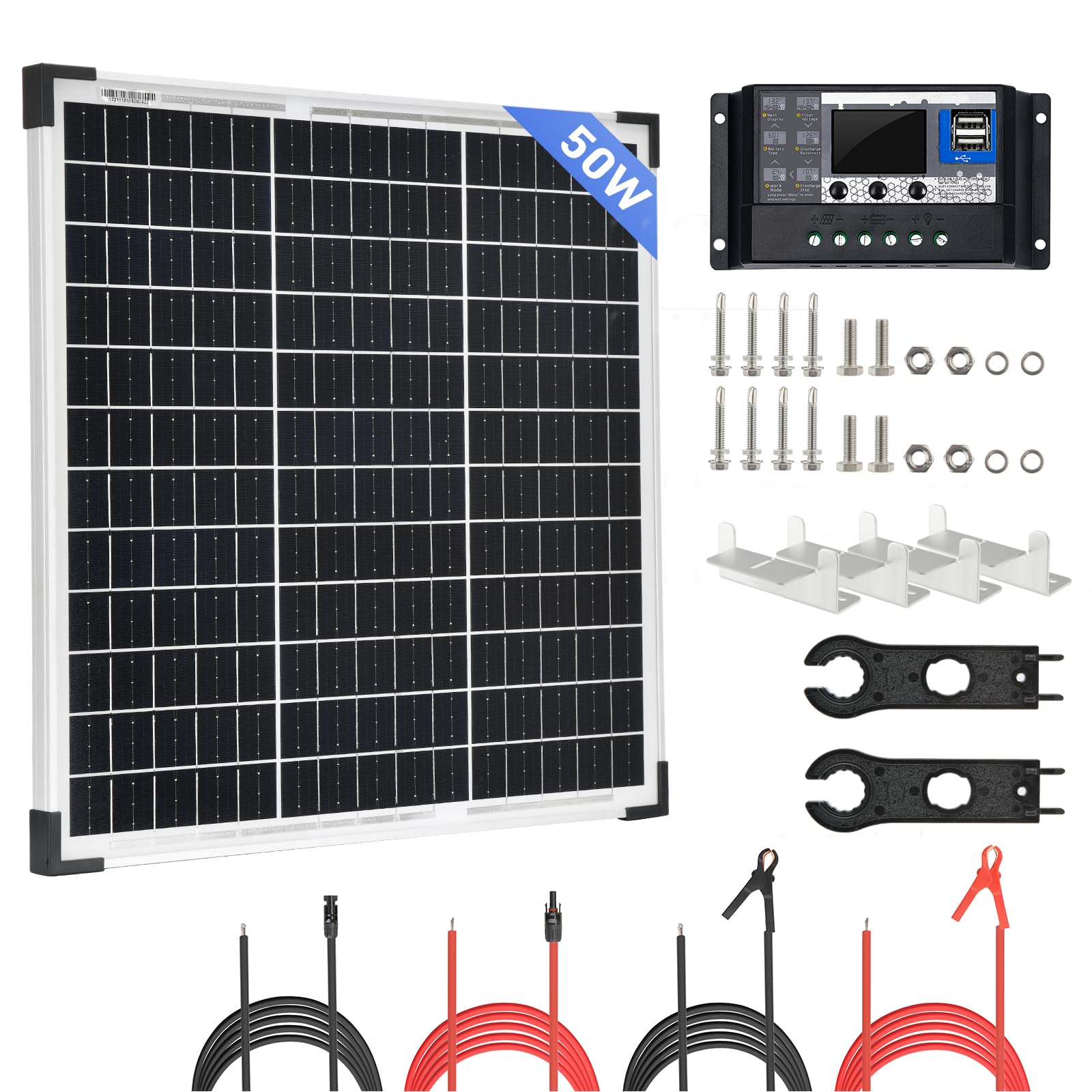 50W Monokristallines Solarpanel kit 12 V Solarmodul + 30A Solarladeregler + Solarkabel + Z-Befestigungsklammern +Solar Schraubenschlüssel für Wohnmobil,Wohnwagen,Haushalt und Off-Grid-System von SARONIC