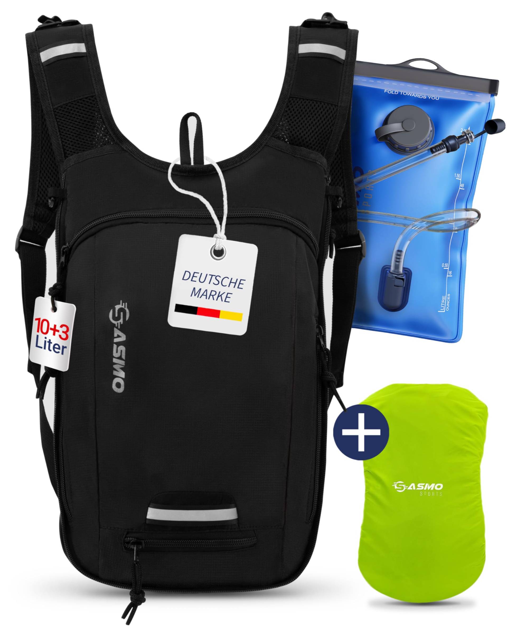 SASMO® Fahrradrucksack 10+3l mit Thermofach & Helmnetz | MTB Rucksack | Fahrrad Rucksack - inkl. Regenschutz | Trinkrucksack Fahrrad für Herren & Damen | inkl. Trinkblase 2L von SASMO Sports