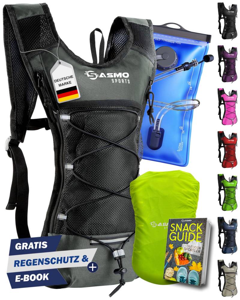 SASMO® Trinkrucksack (grau) mit Thermofach | Trinkrucksack Laufen - Ultraleicht 300g | Laufrucksack mit Trinkblase 2l, BPA-Frei | Trinkrucksack Fahrrad mit Reflektoren | Laufen, Fahrradfahren & Joggen von SASMO Sports