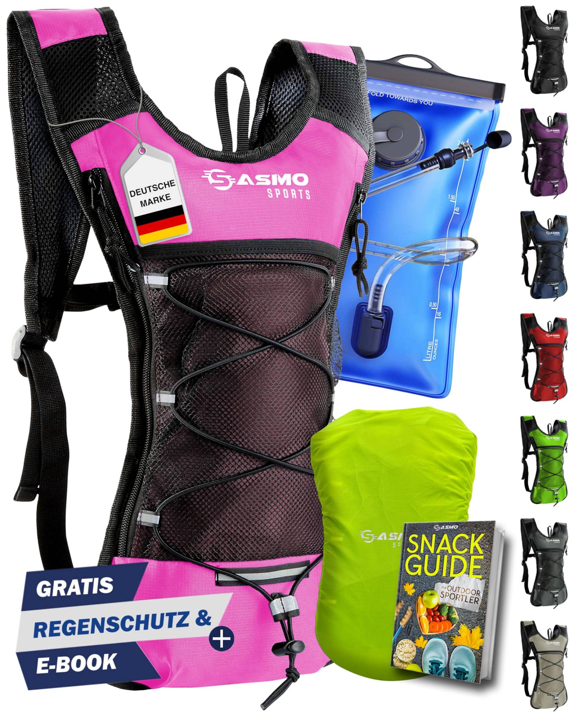 SASMO® Trinkrucksack (pink) mit Thermofach | Trinkrucksack Laufen - Ultraleicht 300g | Laufrucksack mit Trinkblase 2l, BPA-Frei | Trinkrucksack Fahrrad mit Reflektoren | Laufen, Fahrradfahren & Joggen von SASMO Sports