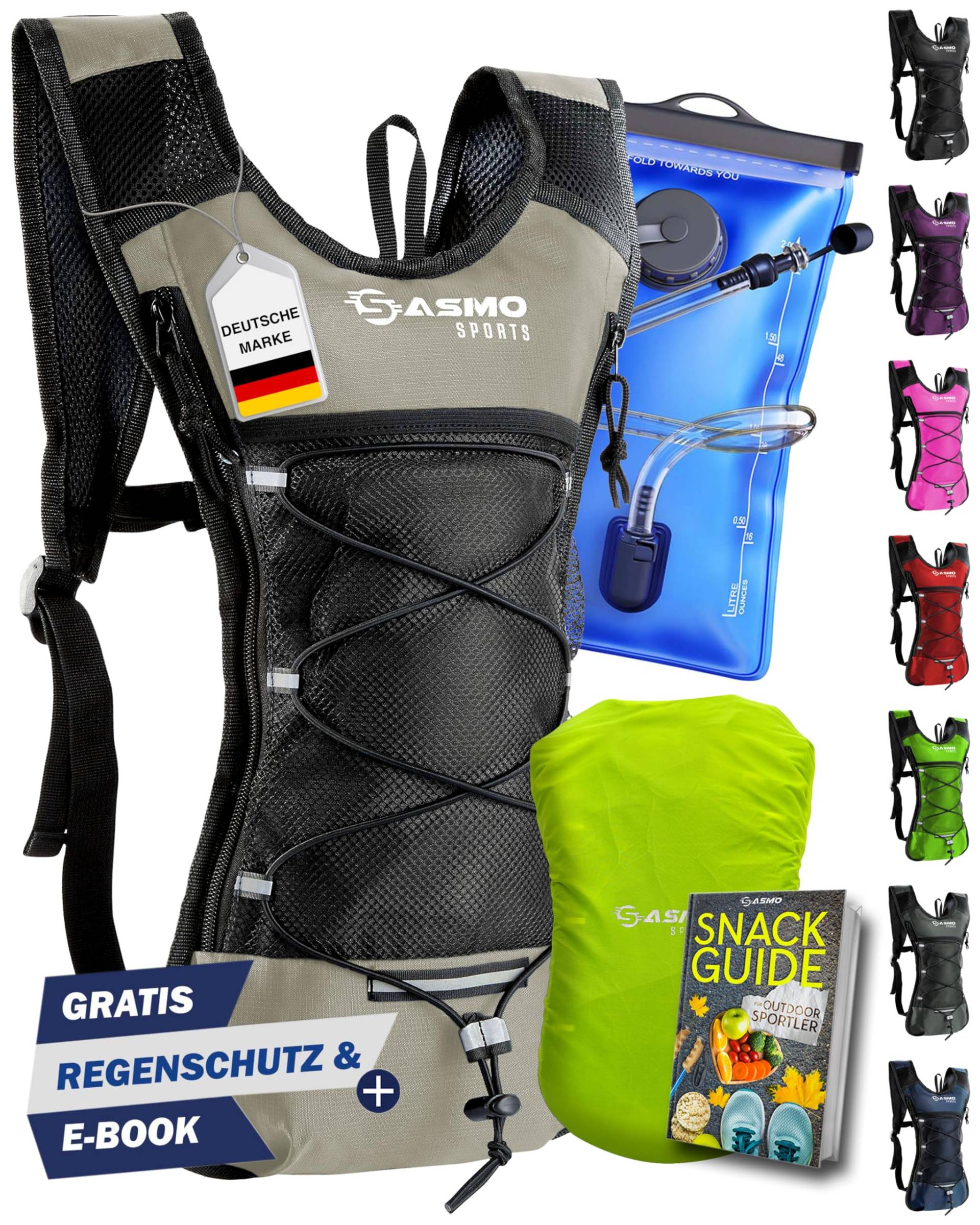 SASMO® Trinkrucksack (Sand) mit Thermofach | Trinkrucksack Laufen - Ultraleicht 300g & 6L | Laufrucksack mit Trinkblase 2l, BPA-Frei | Rucksack mit Trinkblase & Reflektoren | Laufen, Fahrradfahren von SASMO Sports