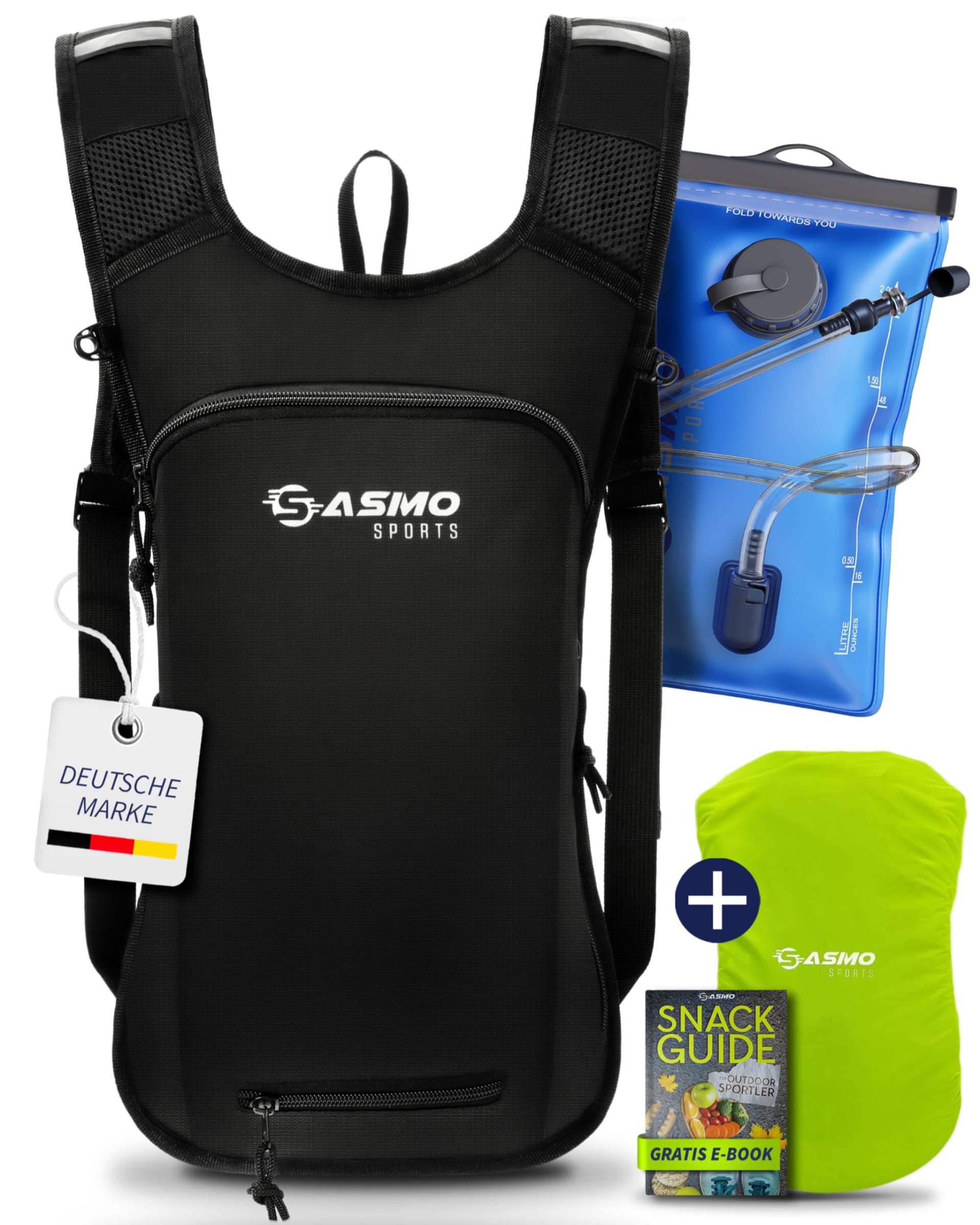 SASMO® Trinkrucksack Fahrrad mit Thermofach | Trinkrucksack mit Trinkblase 2l, BPA-Frei | inkl. Helmnetz (Schwarz - mit Trinkblase) von SASMO Sports