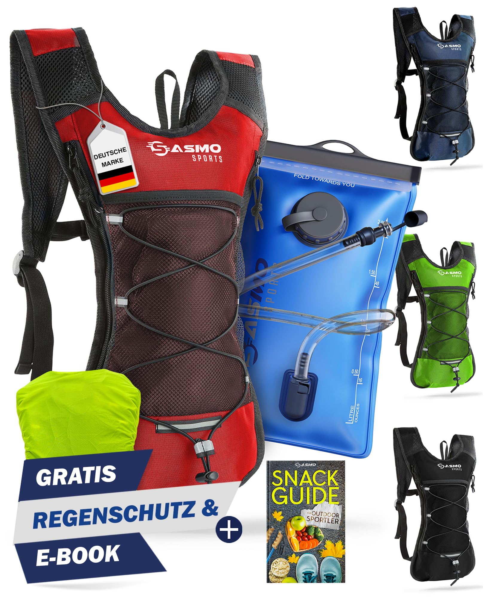 SASMO® Trinkrucksack (Rot) mit Thermofach | Trinkrucksack Laufen - Ultraleicht 300g & 6L | Laufrucksack mit Trinkblase 2l, BPA-Frei | Rucksack mit Trinkblase & Reflektoren | Laufen, Fahrradfahren von SASMO Sports