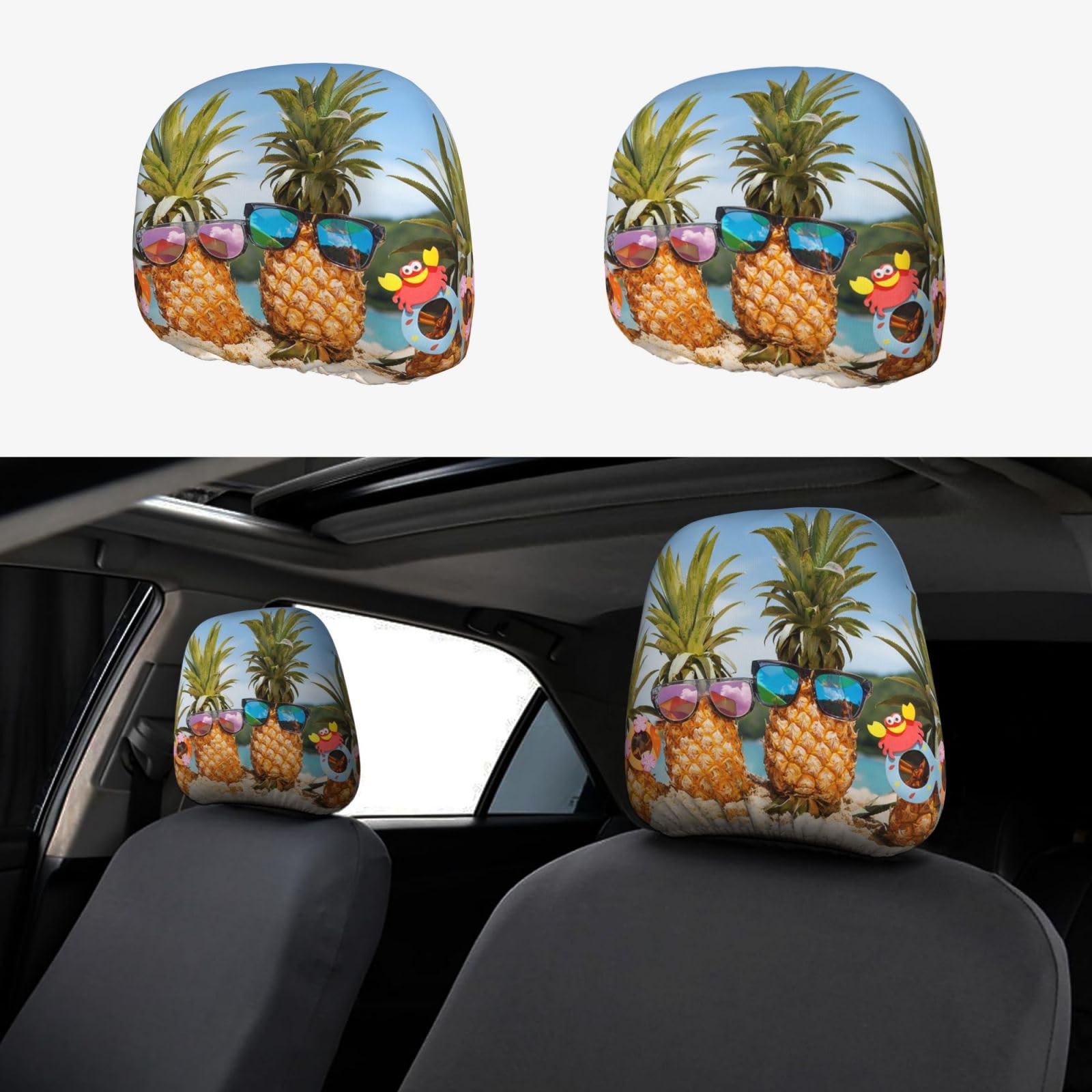 SATUSA Autositz-Kopfstützen-Schonbezüge mit Ananas-Frucht-Sonnenbrille, Sand-Strand-Druck, Auto-Innenzubehör, passend für die meisten Autos, 2 Stück von SATUSA