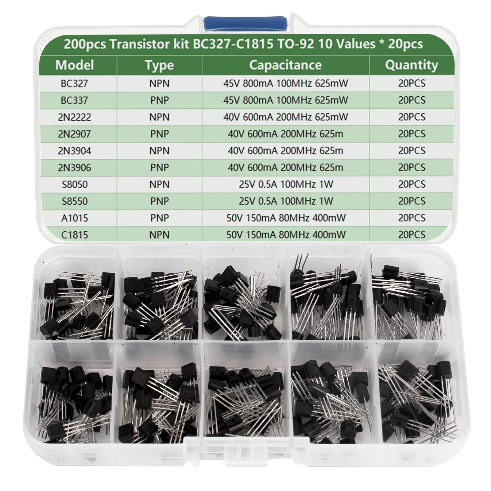 SCOOYUCK 10 Values 200 Stück Transistor Set NPN PNP (BC327 BC337 2N2222 2N2907 2N3904 2N3906 S8050 S8550 A1015 C1815) von SCOOYUCK