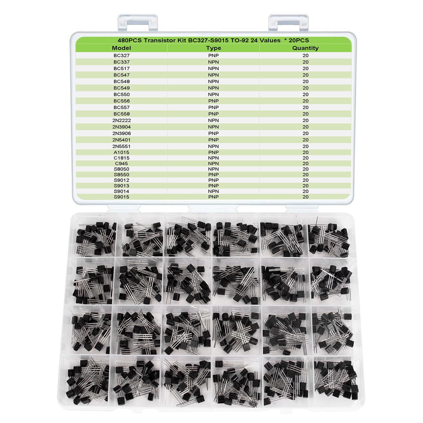 SCOOYUCK 24 Values 480 Stück Transistor Set NPN PNP (BC327 BC337 BC517 BC547 BC548 BC549 BC550 BC556 BC557 BC558 2N2222 2N3904 2N3906 2N5401 2N5551 A1015 C1815 C945 S8050 S8550 S9012 S9013 S9014 S9015 von SCOOYUCK