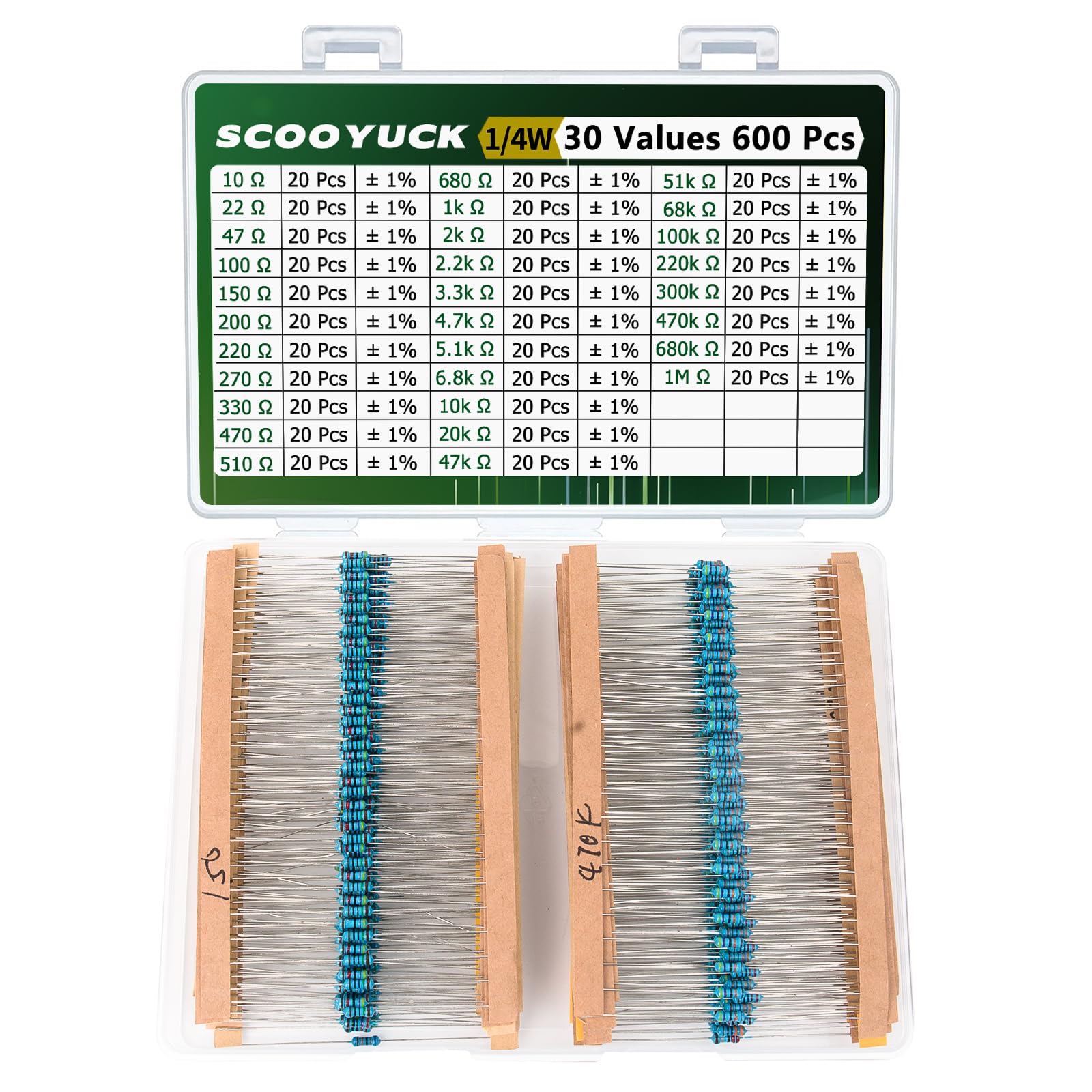 SCOOYUCK Widerstand Sortiment 1/4W 10 ohm bis 1M ohm 30 Werte 600 Stück Widerstände Kit ± 1% Toleranz Widerstand Set von SCOOYUCK