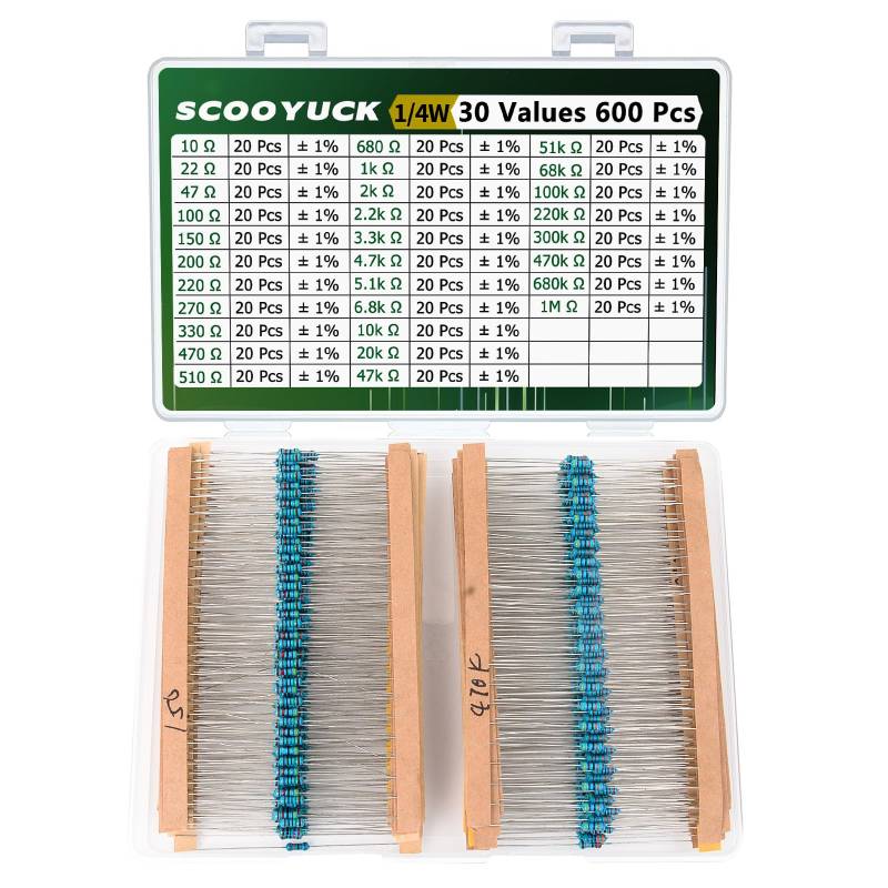 SCOOYUCK Widerstand Sortiment 1/4W 10 ohm bis 1M ohm 30 Werte 600 Stück Widerstände Kit ± 1% Toleranz Widerstand Set von SCOOYUCK