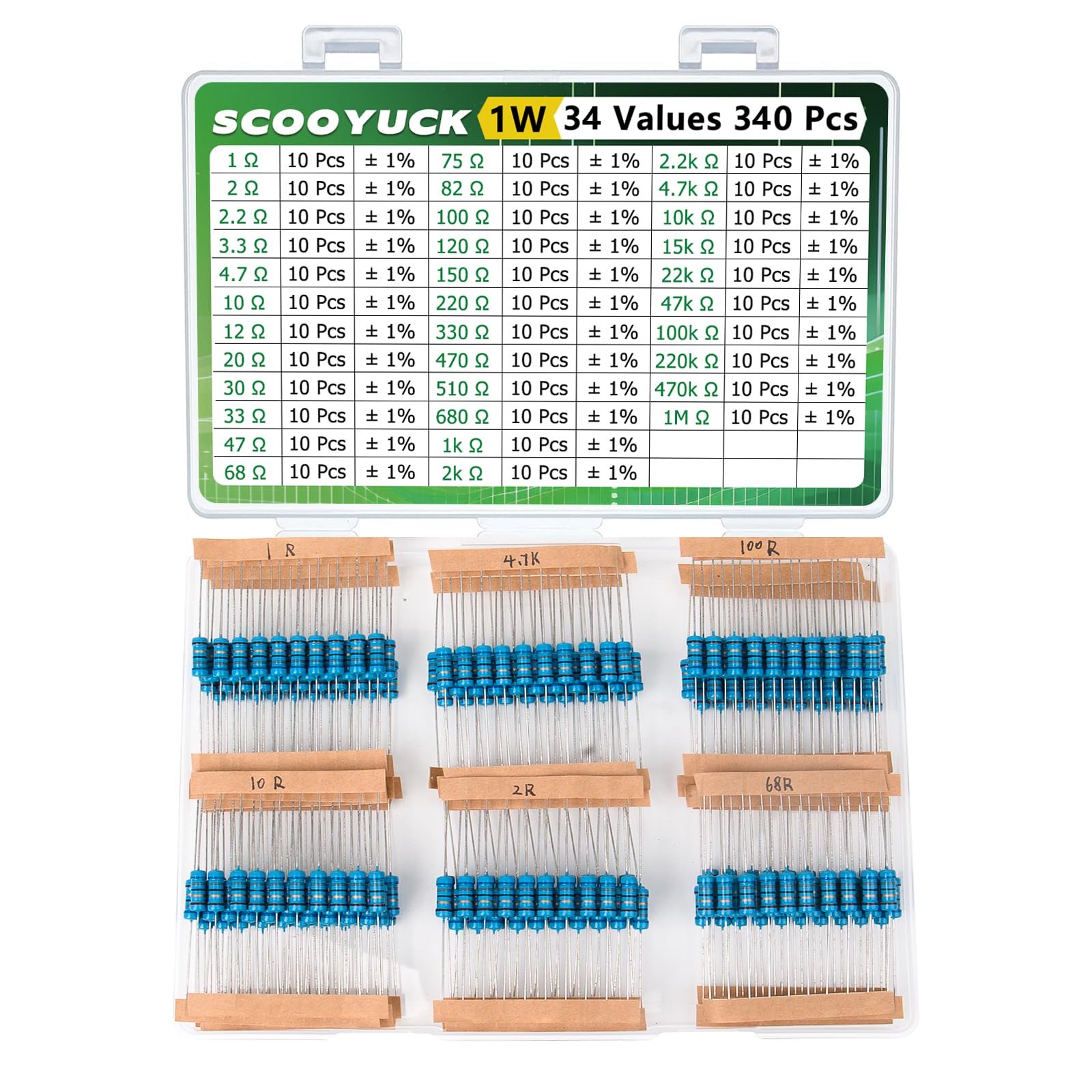 SCOOYUCK Widerstand Sortiment 1W 1 ohm bis 1M ohm 34 Werte 340 Stück Widerstände Kit ± 1% Toleranz Widerstand Set von SCOOYUCK