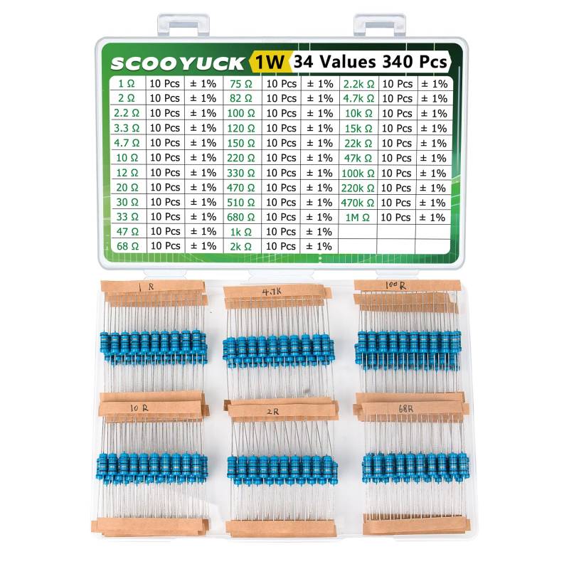 SCOOYUCK Widerstand Sortiment 1W 1 ohm bis 1M ohm 34 Werte 340 Stück Widerstände Kit ± 1% Toleranz Widerstand Set von SCOOYUCK