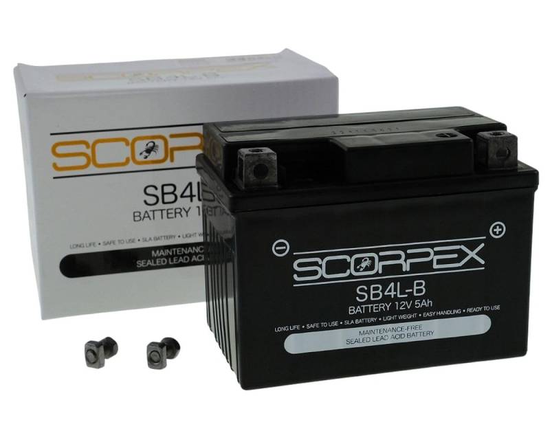 SCORPEX 12V 5Ah SLA4L-BS Motorrad Batterie, wartungsfrei versiegelt und vorgeladen kompatibel mit 50411, 504011002, YTX4L-BS, YTX5L-BS, GTX5L-BS Roller Quad Moped von SCORPEX