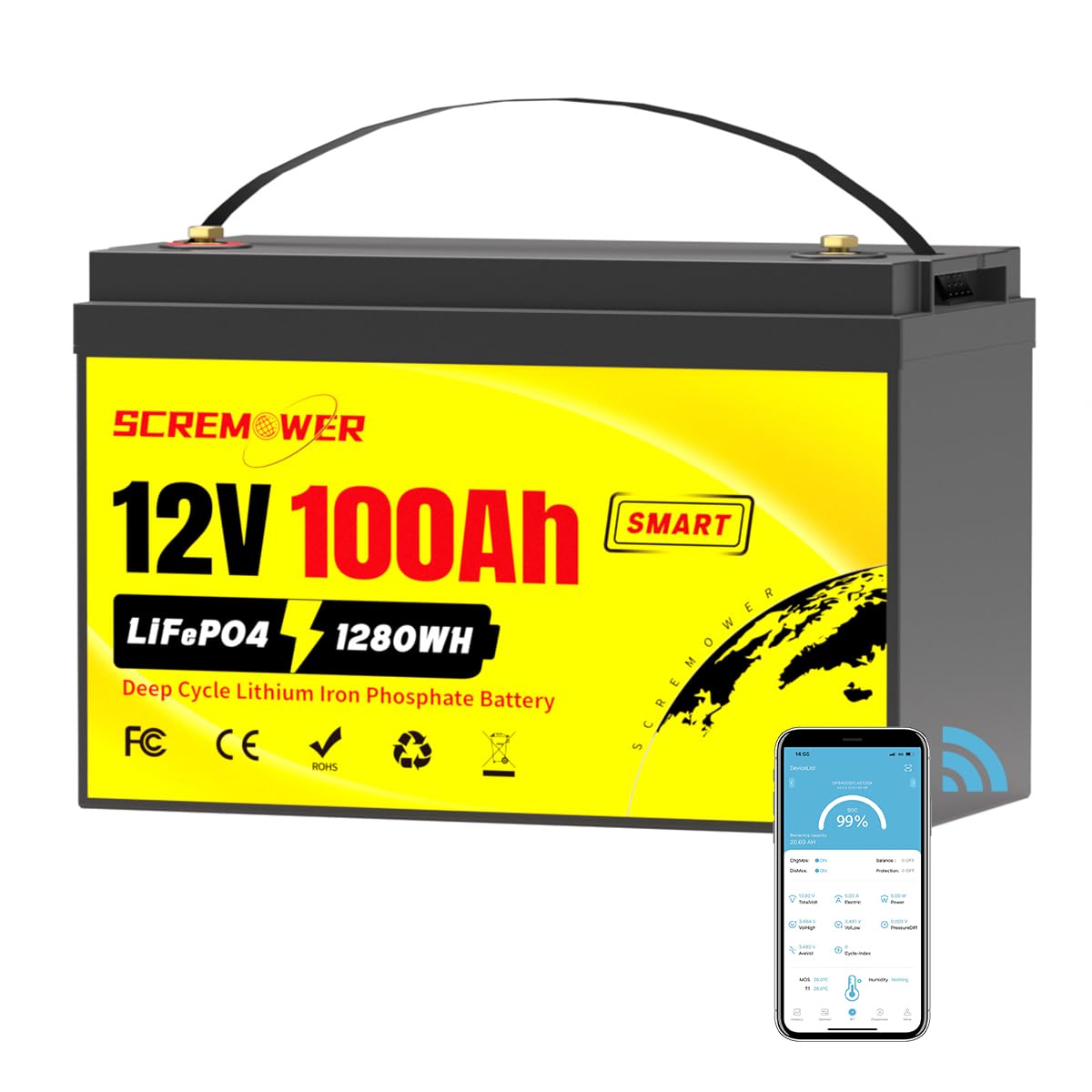 12V 100AH LiFePO4 Batterie Bluetooth Gruppe 31 Max 1280W Leistung Schutz vor niedrigen Temperaturen Wiederaufladbare Deep-Cycle-Lithium-Batterie Ideal für Solaranlagen, Netzunabhängig, Marine, Kajak von SCREMOWER