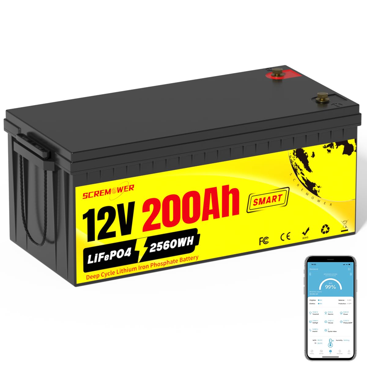 12V 200AH Lifepo4 Batterie Bluetooth Eingebautes 200A BMS APP Anschluss 2560Wh wiederaufladbare Deep Cycle Lithium Batterie Unterstützung in Serie oder parallel für RV, Solar System, Off-grid, Marine von SCREMOWER