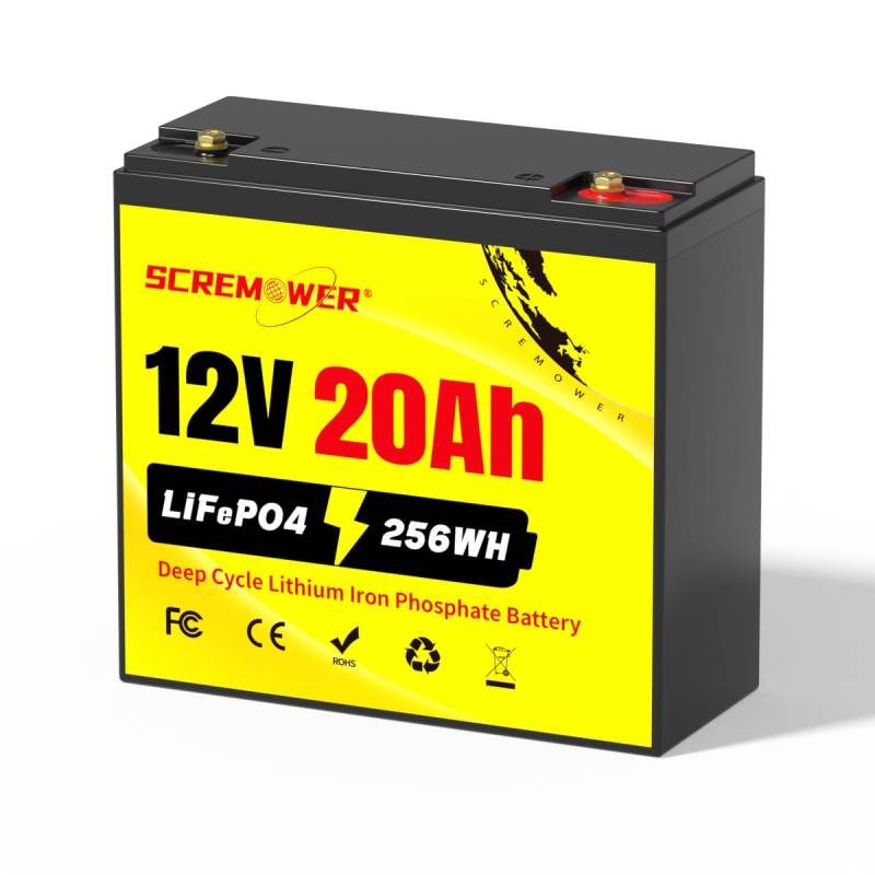 12V 20Ah Wiederaufladbare LiFePO4-Batterie, Integriertes BMS 12.8V Deep Cycle Lithium-Batterie für Fischfinder, Spielzeug, Beleuchtung, Scooter, Überwachungskamera, Alarmanlage von SCREMOWER