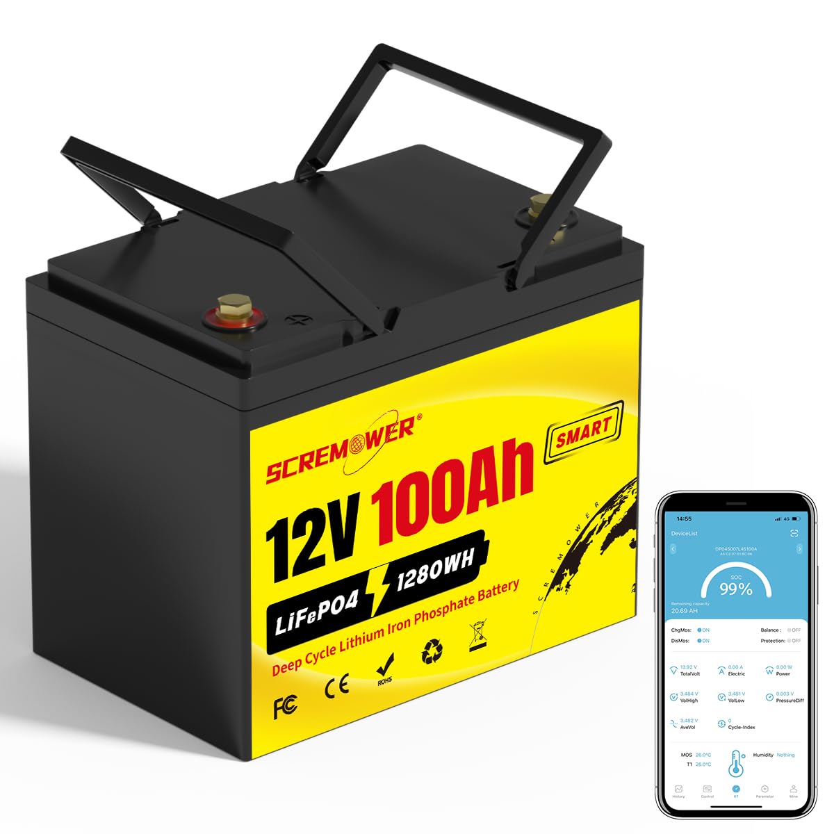 Lithium Akku 12V 100Ah mit 100A BMS Gruppe 24 LiFePO4 Batterie Max 1280W Leistung, APP-Verbindung, Deep Cycle Batterie Perfekt für Wohnmobil, Camper, Trolling-Motor, netzunabhängig, Solaranlage von SCREMOWER