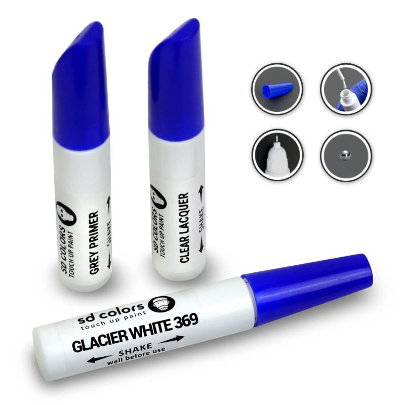 SD COLORS 12 ml Touch-Up-Farbe, Klarlack und Grundierung mit Pinsel - Glacier White (369) - Kompatibel mit Renault - Kratzer, Chips und Lackreparatur von SD COLORS