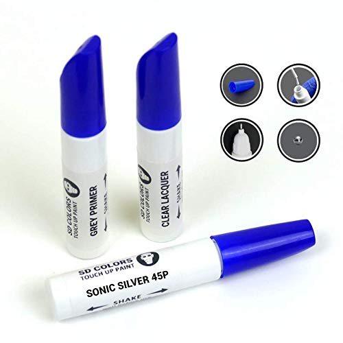 SD COLORS 12 ml Touch-Up-Farbe, Klarlack und Grundierung mit Pinsel - Sonic Silver (45P) - Kompatibel mit Mazda - Kratzer, Chips und Lackreparatur von SD COLORS