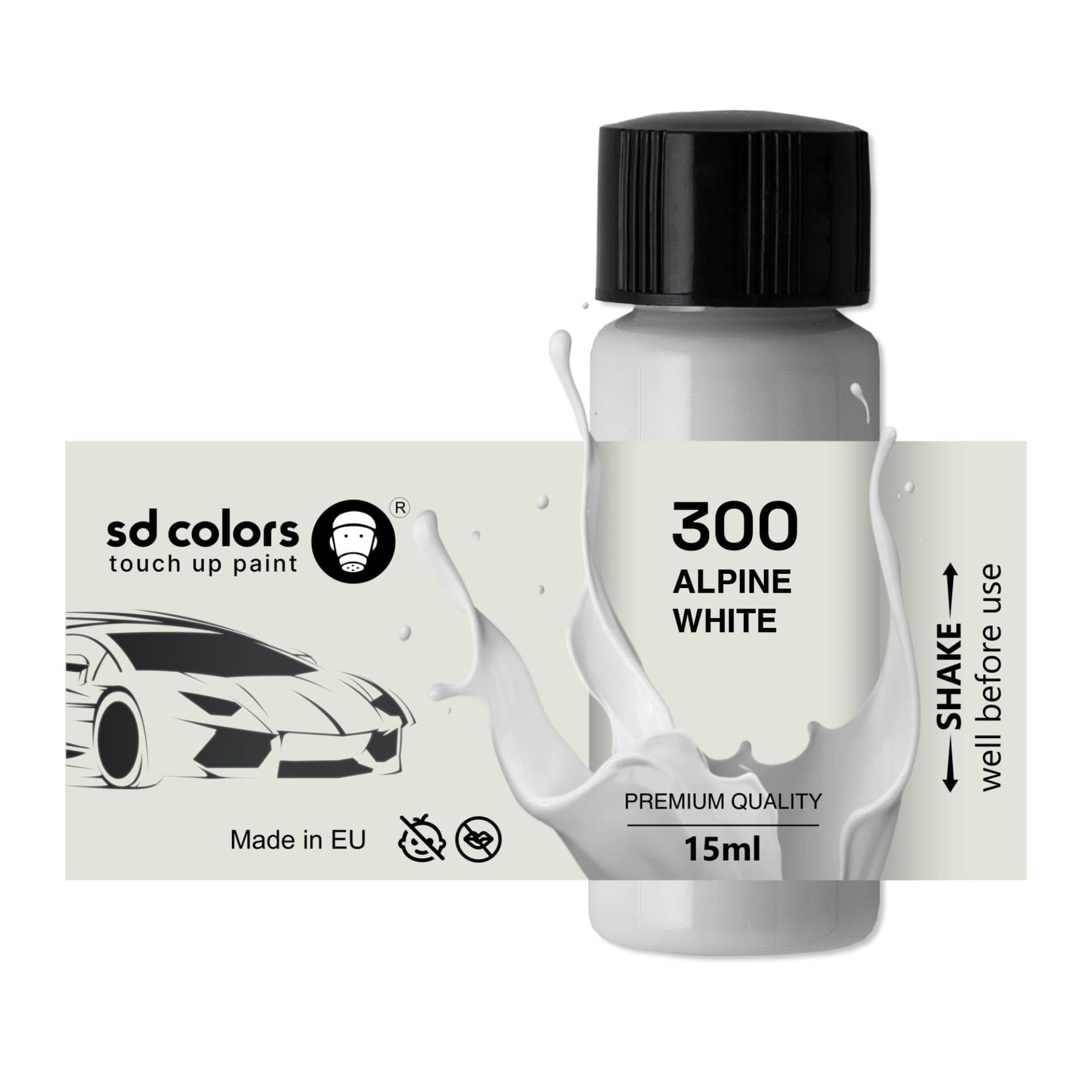 SD COLORS Alpine White 300 Ausbesserungslack, 15 ML, Reparatur-Pinsel, Farbcode 300 Alpinweiß (Farbe + Lack) von SD COLORS