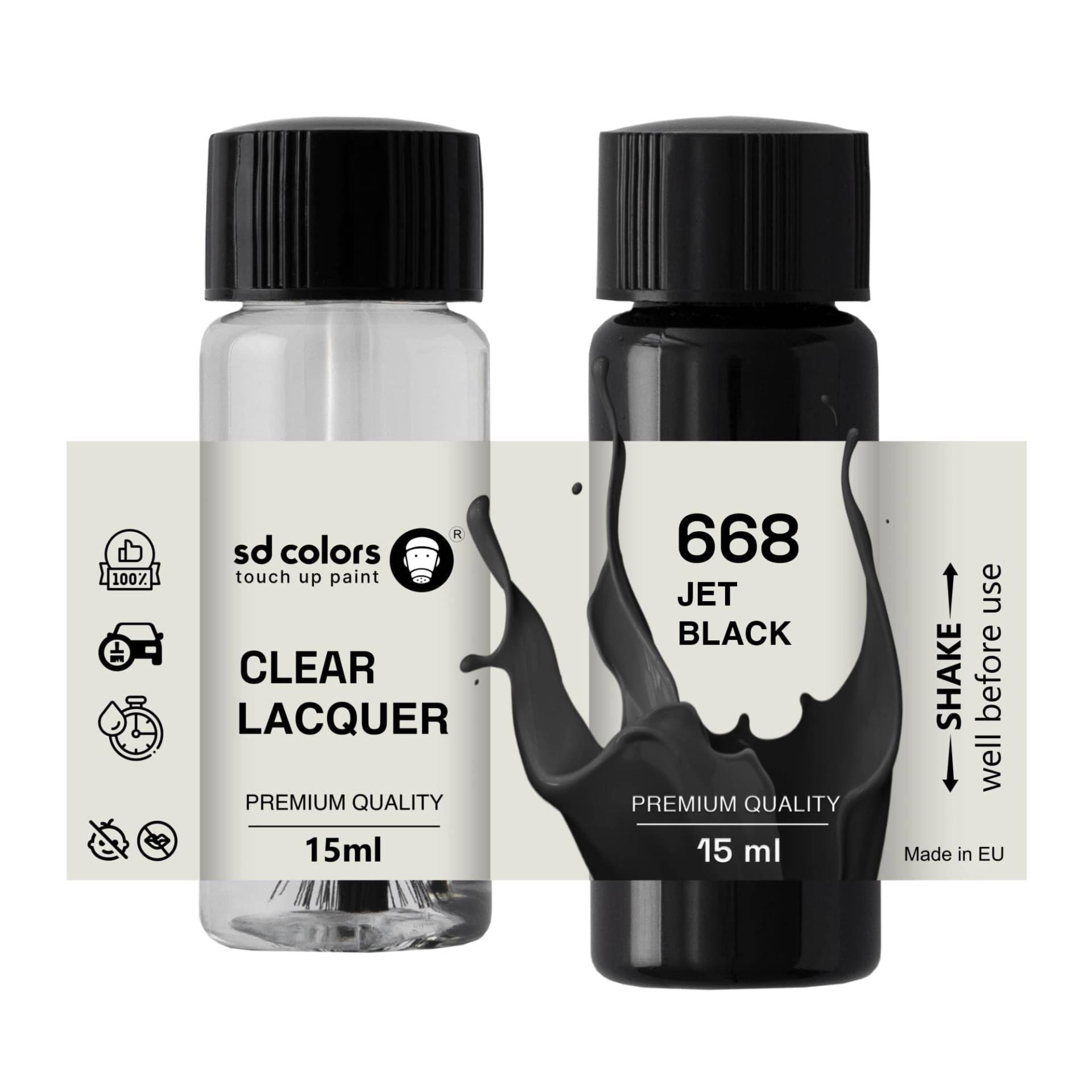 SD COLORS Ausbesserungslack, Jet Black 668, 15 ML, Reparatur-Pinsel, Farbcode 668 Tiefschwarz (Farbe + Lack) von SD COLORS