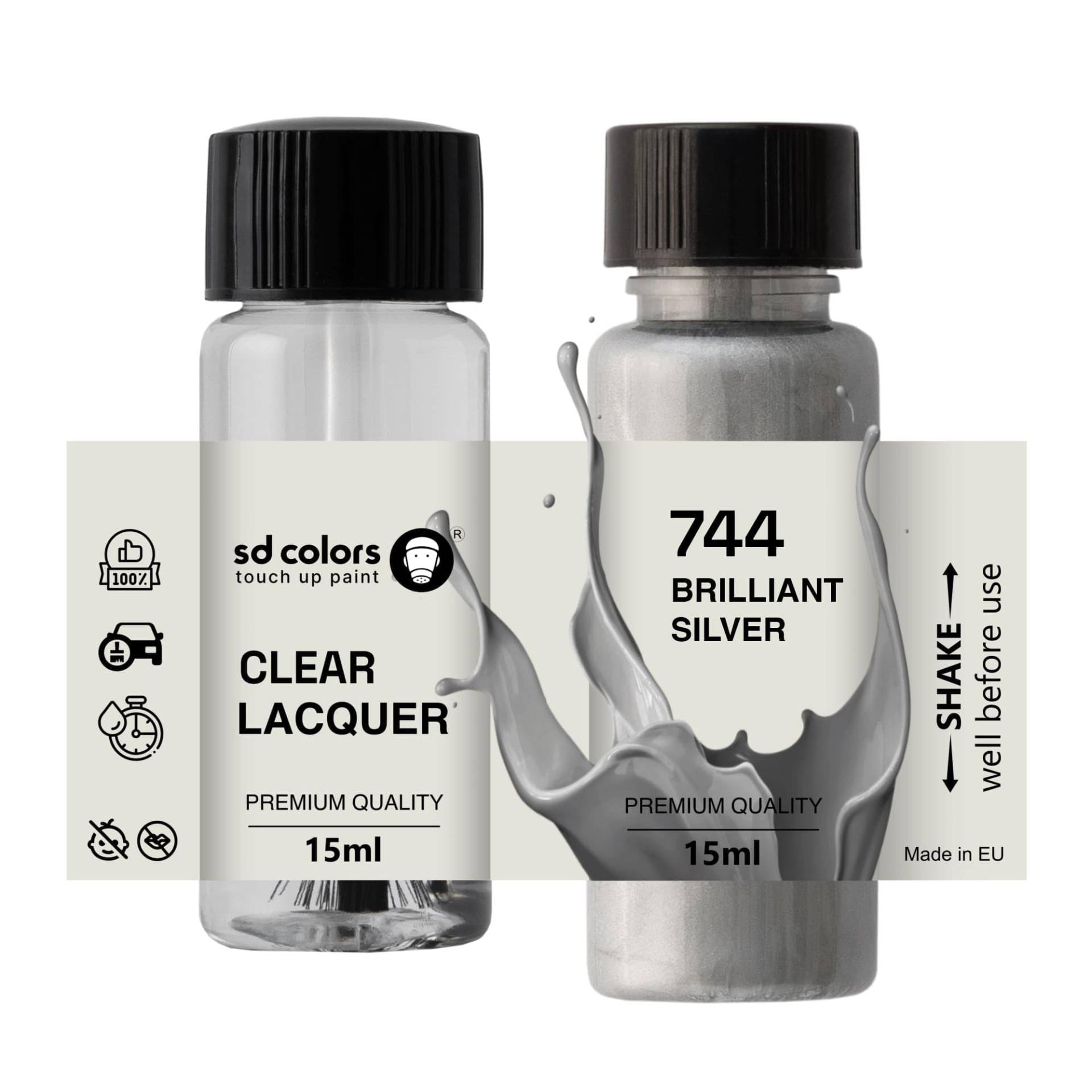 SD COLORS Brilliant Silver 744 Ausbesserungslack, 15 ML, Reparatur-Pinsel, Farbcode 744 Brilliant Silver (Farbe + Lack) von SD COLORS