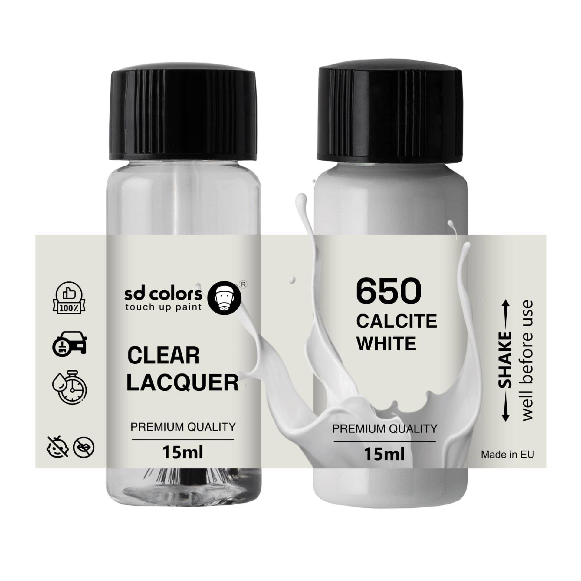 SD COLORS Calcitweiß 650 Reparaturset Lackstifte, 15 ml, Farbcode 650 Kalzitweiß (Farbe + Lack) von SD COLORS