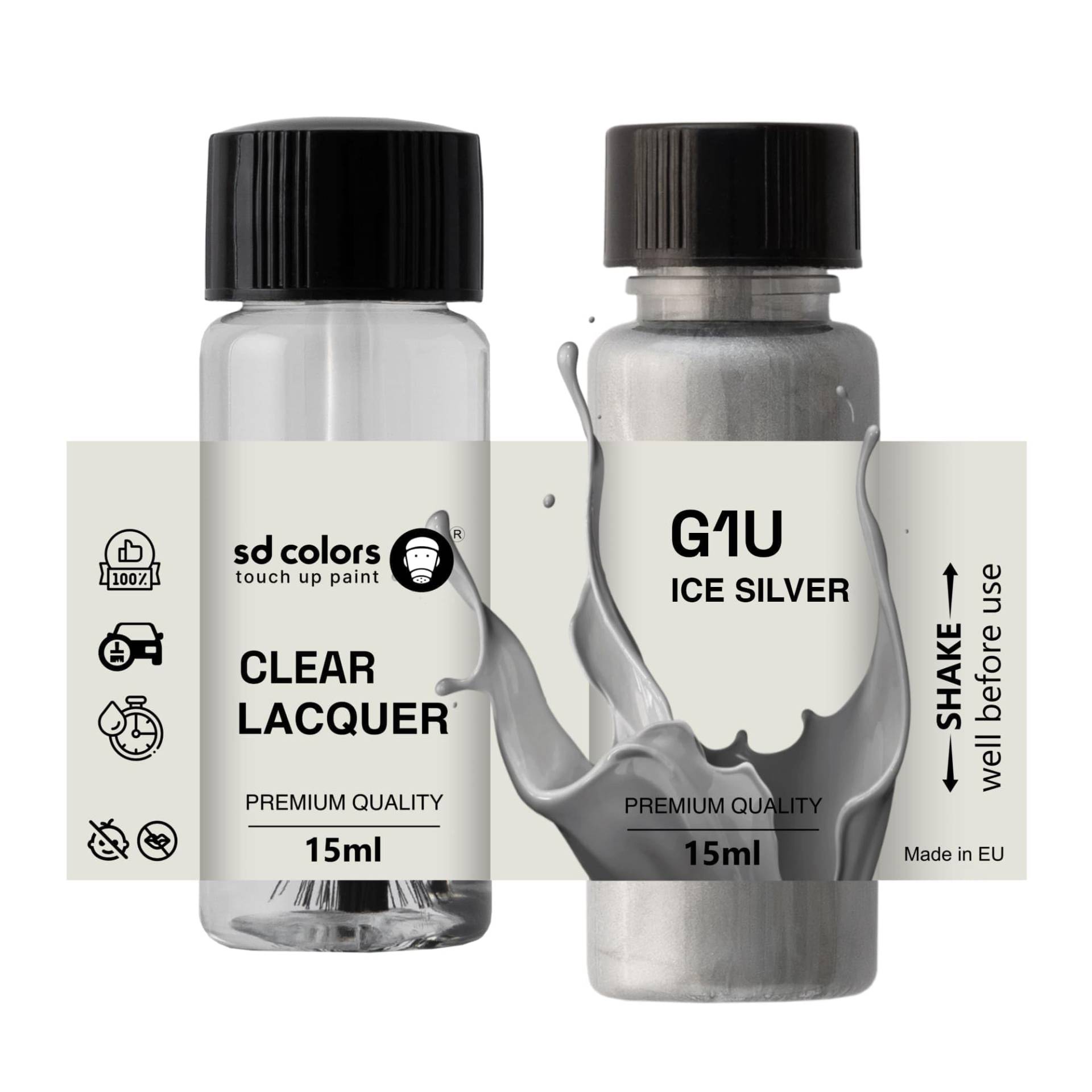 SD COLORS Ice Silver G1U Ausbesserungslack, 15 ML, Reparatur-Pinsel, Farbcode G1U Eissilber (Farbe + Lack) von SD COLORS