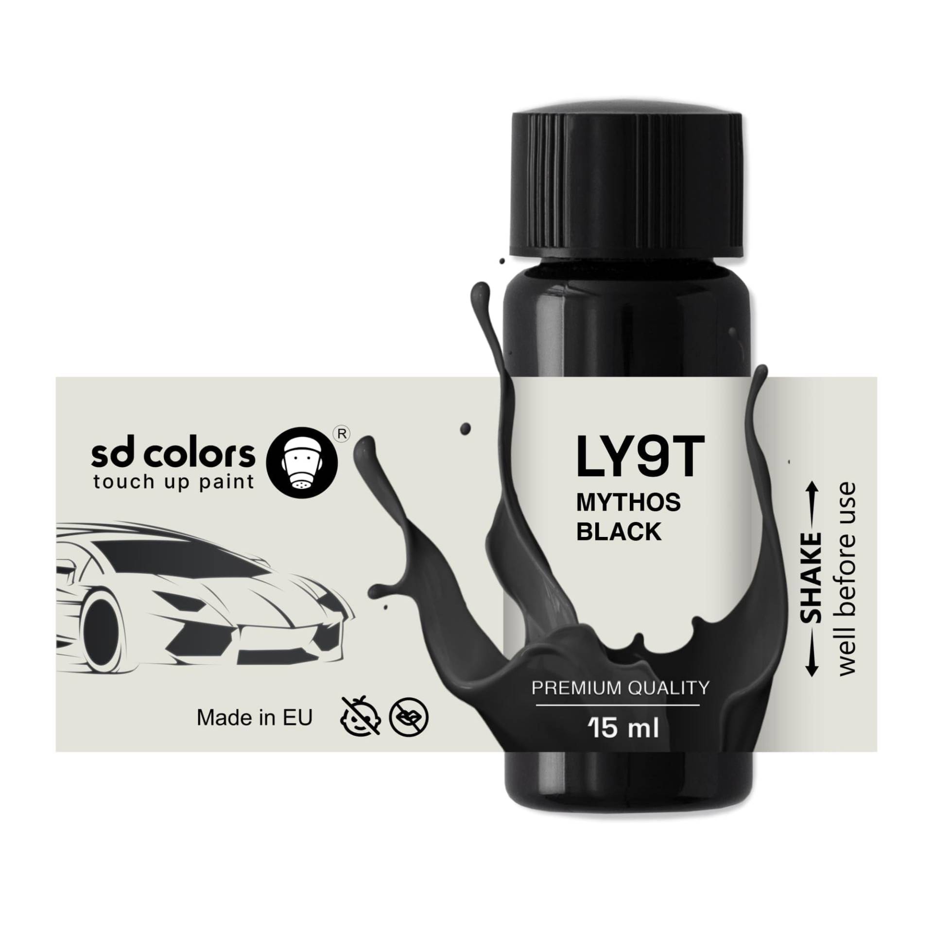 SD COLORS MYTHOS BLACK LY9T Ausbesserungslack, 15 ML, Reparatur-Pinsel, Farbcode LY9T MYTHOS BLACK (Farbe) von SD COLORS