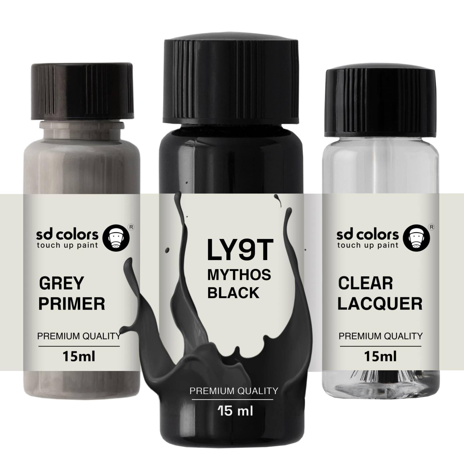 SD COLORS MYTHOS BLACK LY9T Ausbesserungslack, 15 ML, Reparatur-Pinsel, Farbcode LY9T Mythos Black (Farbe + Grundierung + Lack) von SD COLORS