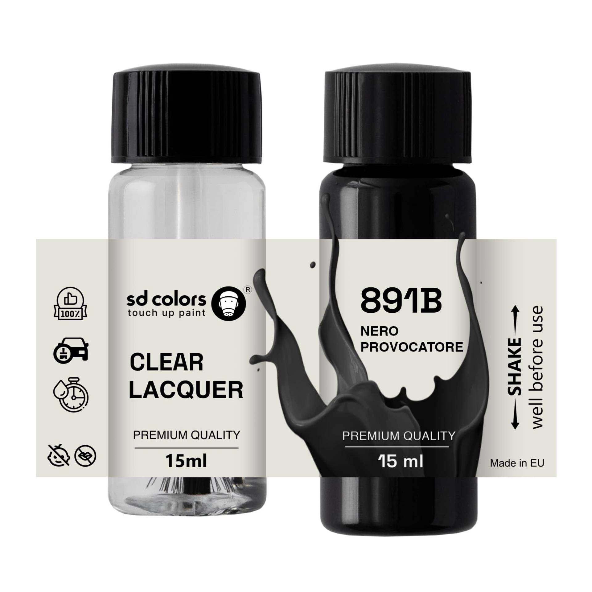 SD COLORS NERO PROVOCATORE 891B Ausbesserungslack, 15 ML, Reparatur-Pinsel, Farbcode 891B NERO PROVOCATORE (Farbe + Lack) von SD COLORS