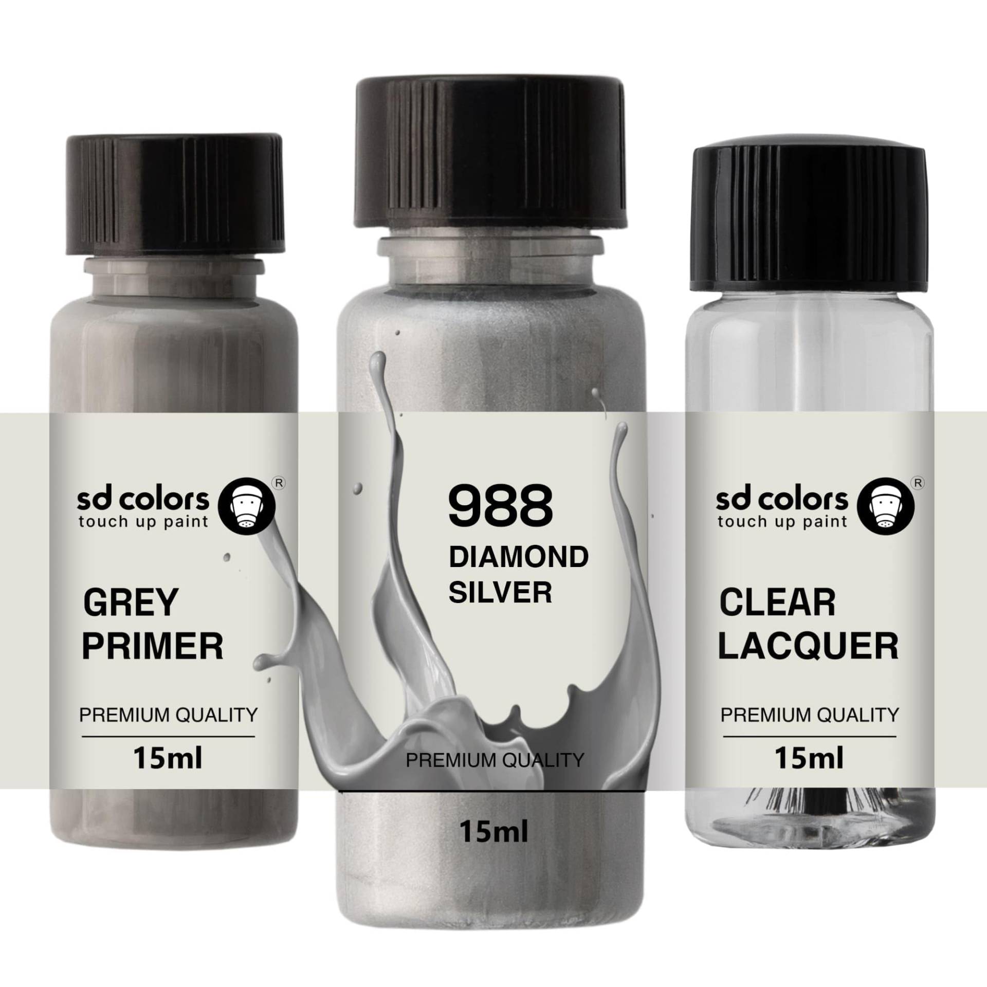 SD COLORS Neue lackstift Diamant Silber 988/9988 Reparatur KRATZEN 15 ml (Farbe+KLARLACK+GRUNDIERUNG) von SD COLORS