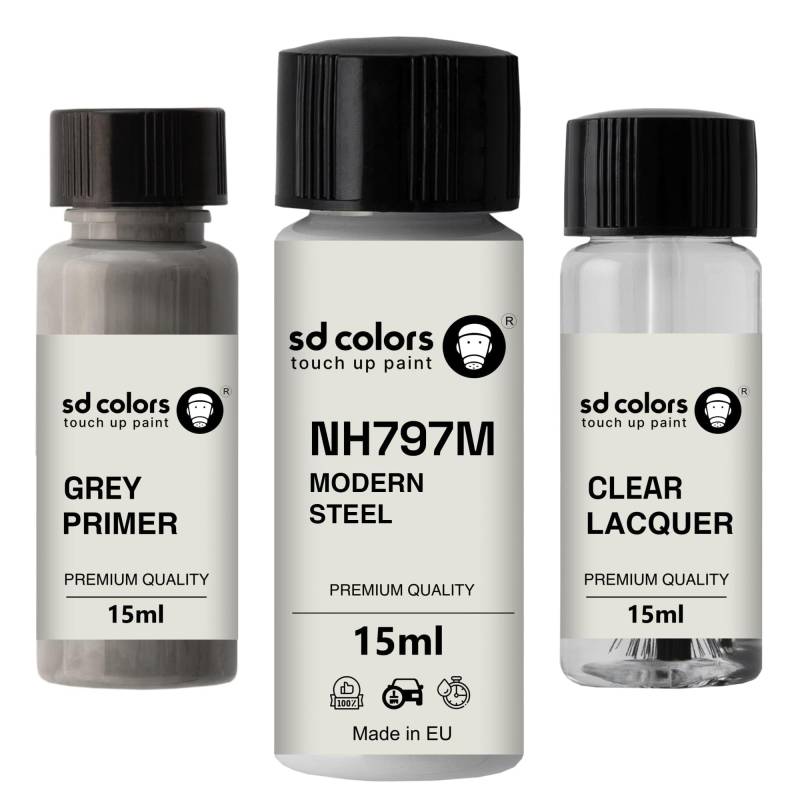 SD COLORS Neue lackstift MODERNER Stahl NH797M Reparatur KRATZEN 15 ml (Farbe+KLARLACK+GRUNDIERUNG) von SD COLORS