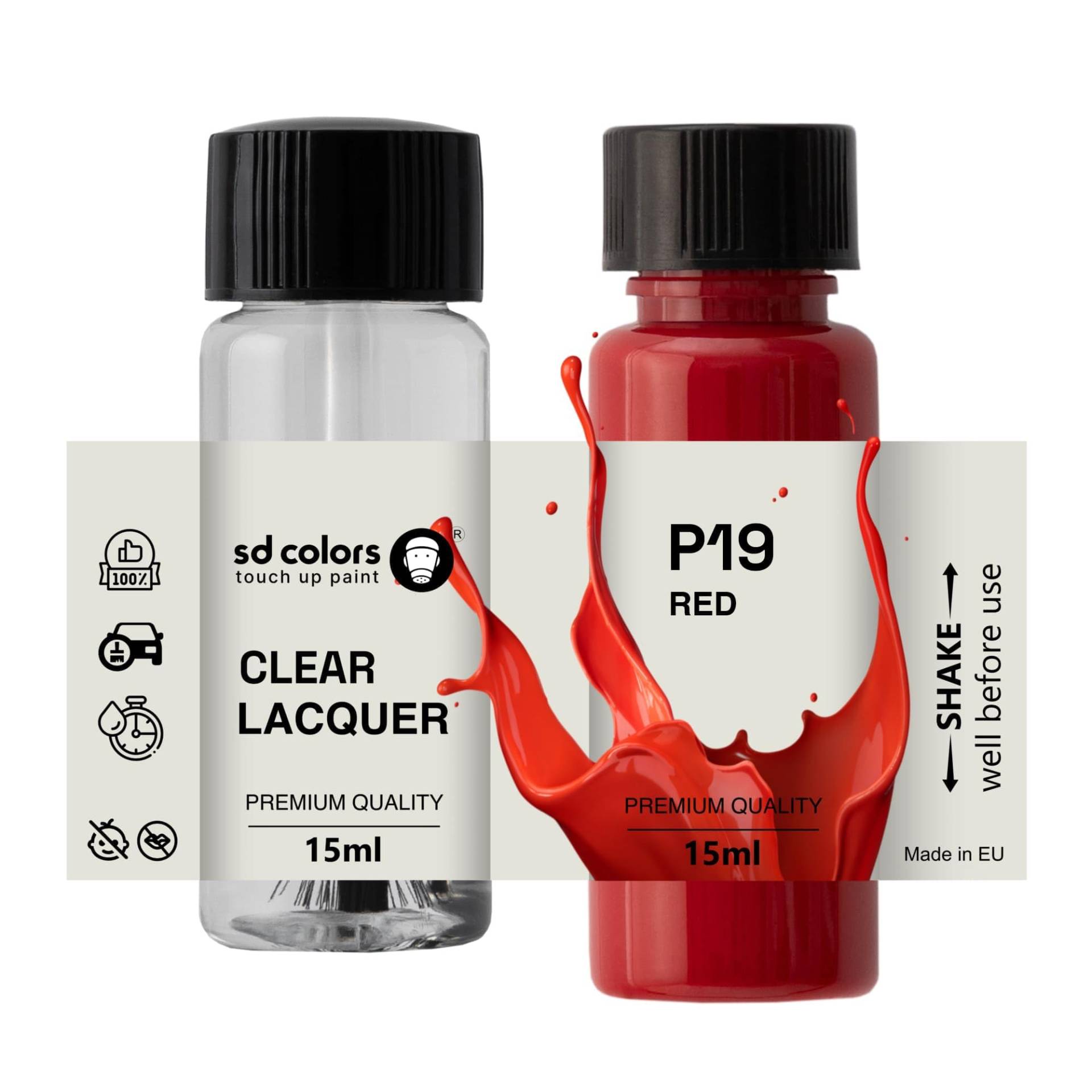 SD COLORS Neue lackstifte ROT P19 Reparatur KRATZEN 15 ml (Farbe+KLARLACK) von SD COLORS