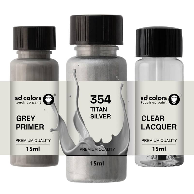 SD COLORS Neue lackstifte Titan Silber 354 Reparatur KRATZEN 15 ml (Farbe+KLARLACK+GRUNDIERUNG) von SD COLORS