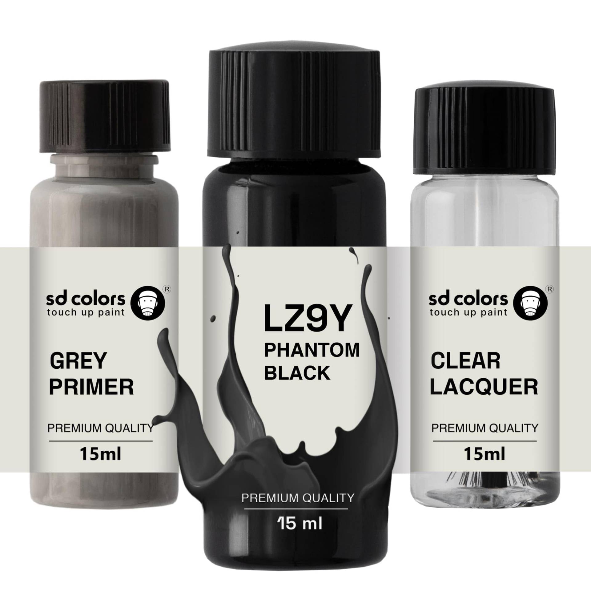 SD COLORS Phantom-Black LZ9Y Lackreparaturfarbe, 15 ML, mit Pinsel, Farbcode LZ9Y Phantomschwarz (Farbe+Grundierung+Lack) von SD COLORS