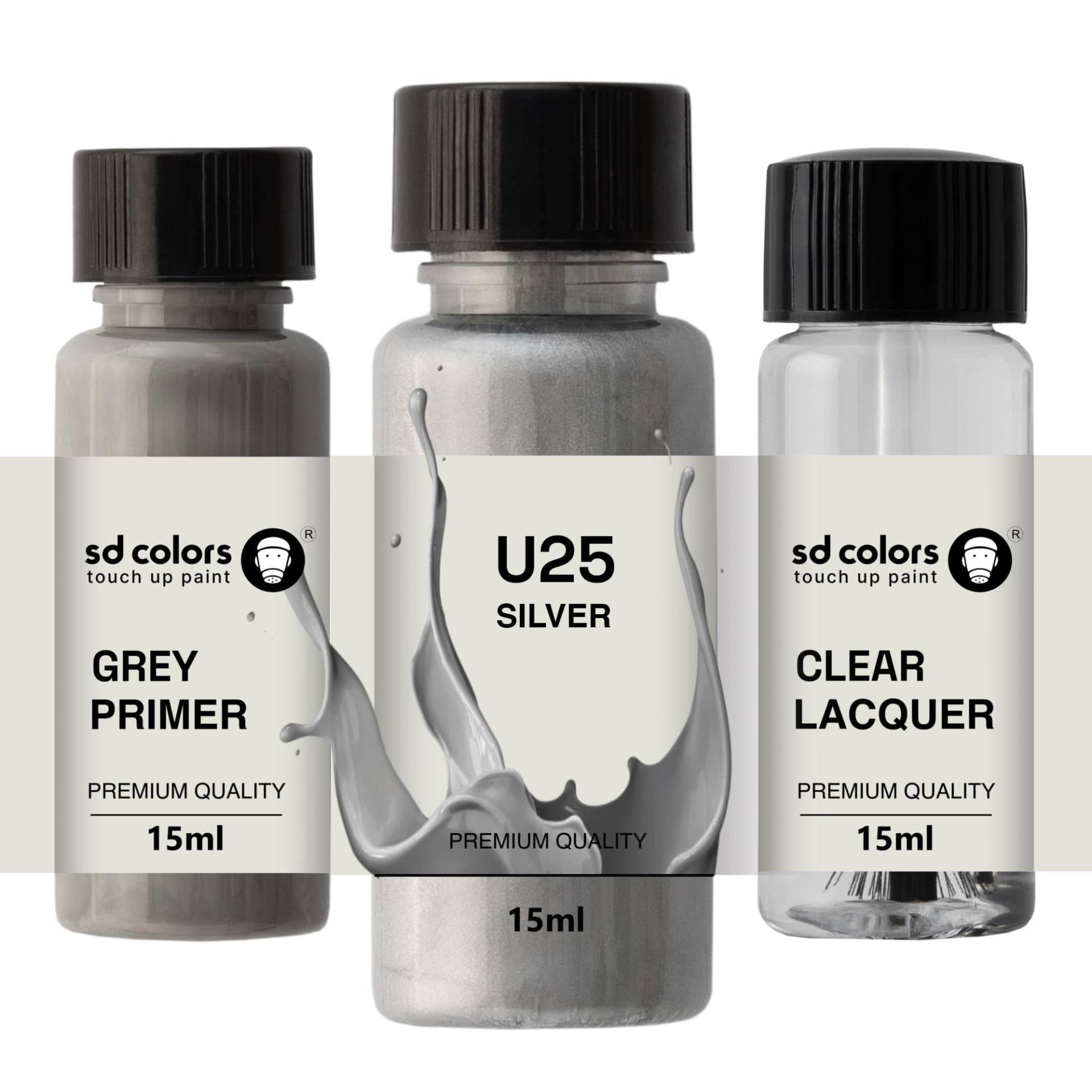 SD COLORS Silver U25 Ausbesserungslack, 15 ML, Reparatur-Pinsel, Farbcode U25 Silber (Farbe + Grundierung + Lack) von SD COLORS