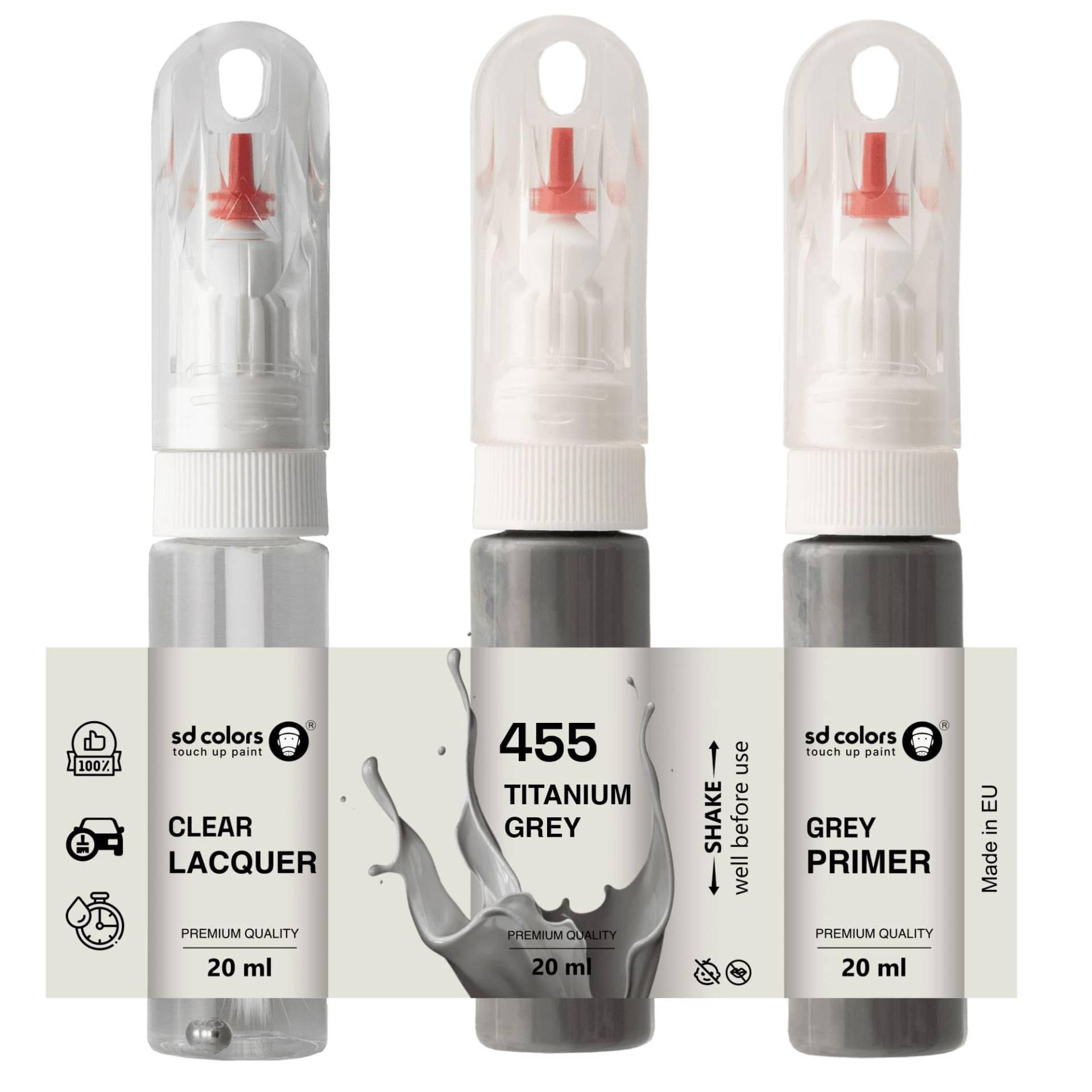 SD COLORS Titan-Grau 455 Lackstift, 20 ML, praktischer Pinsel für die Reparatur von Kratzern (Farbe + Grundierung + Lack). von SD COLORS